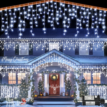 66ft Icicle Lights for Outside - 640 LED Christmas Lights Outdoor with 120 Drops 8 Modes, Plug in Twinkle Light Outside for Holiday Wedding Party Tree Room Indoor Thanksgiving Decoration, Warm White