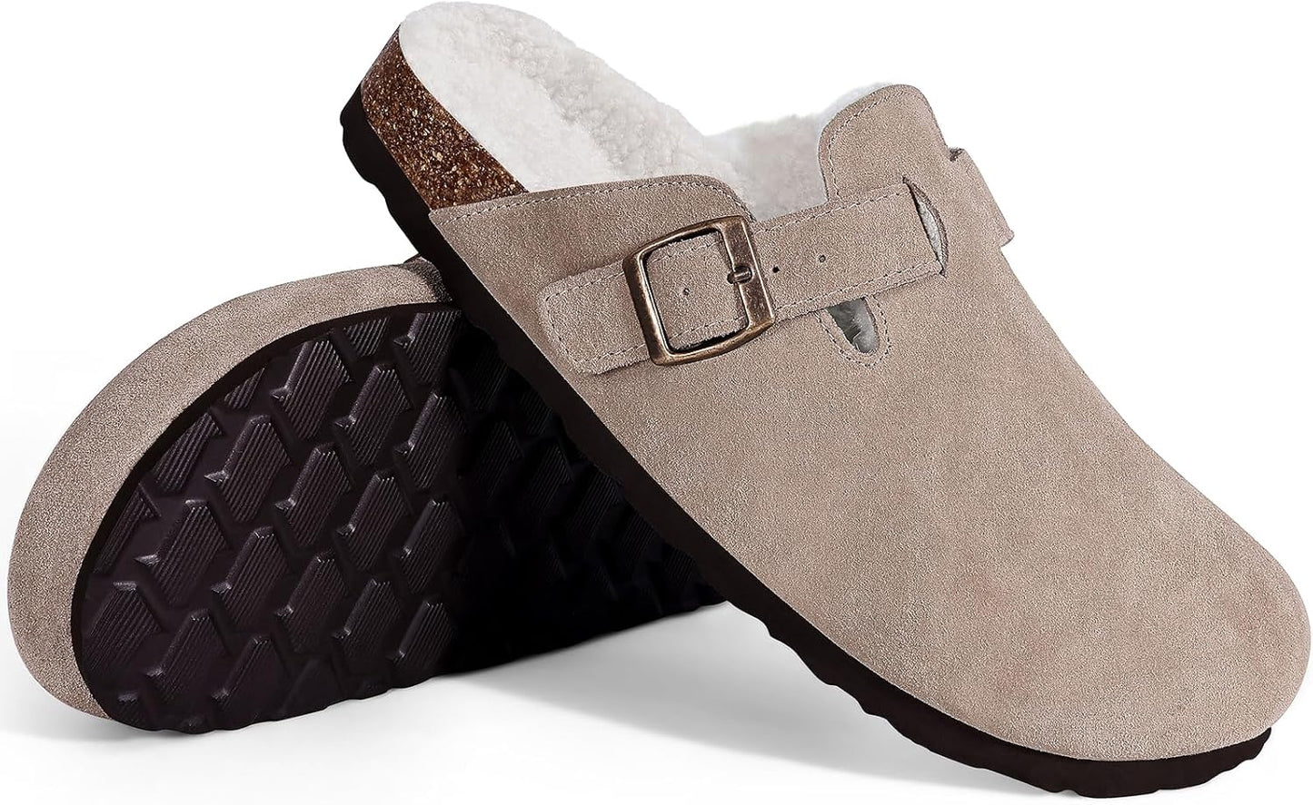 KIDMI Women's Fur Lined Suede Clogs Fuzzy Cork Footbed Mules Slip On Winter Potato Shoes