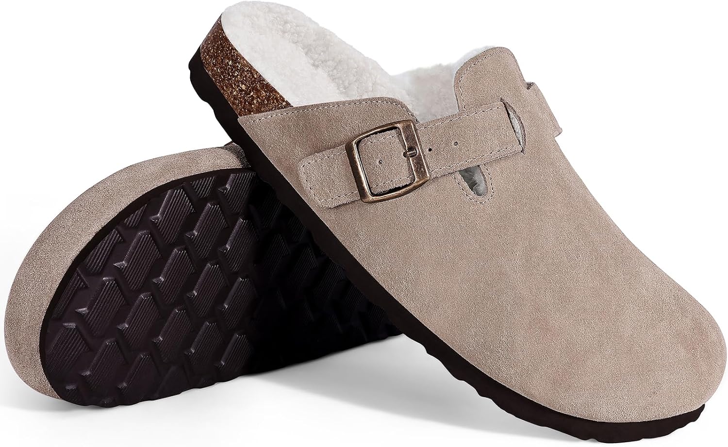 KIDMI Women's Fur Lined Suede Clogs Fuzzy Cork Footbed Mules Slip On Winter Potato Shoes