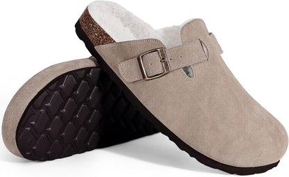 KIDMI Women's Fur Lined Suede Clogs Fuzzy Cork Footbed Mules Slip On Winter Potato Shoes