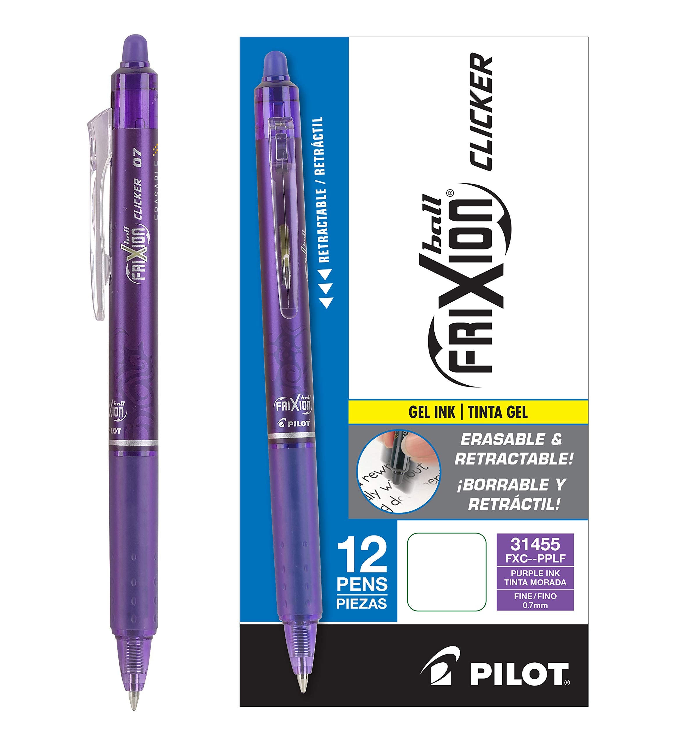 Pilot, FriXion Clicker Erasable Gel Pens, Fine Point. 0.7 mm, Pack of 12, Red