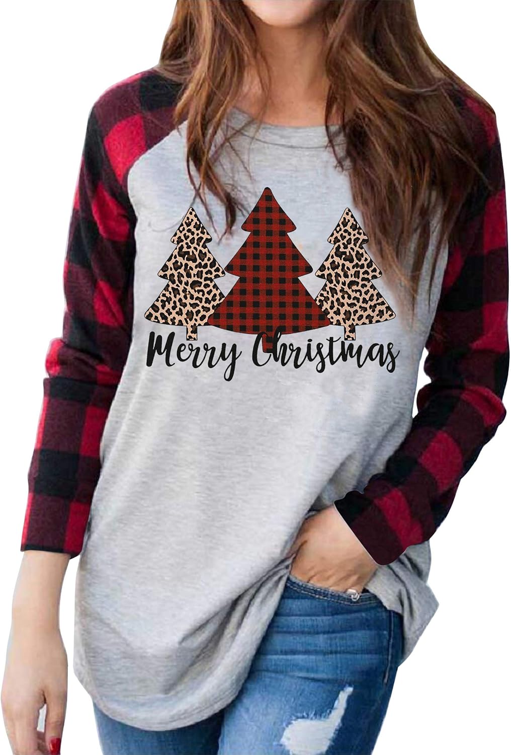 Plus Size Christmas T Shirt Women Xmas Leopard Plaid Trees Print Tees Casual Long Sleeve Holiday Shirts Top