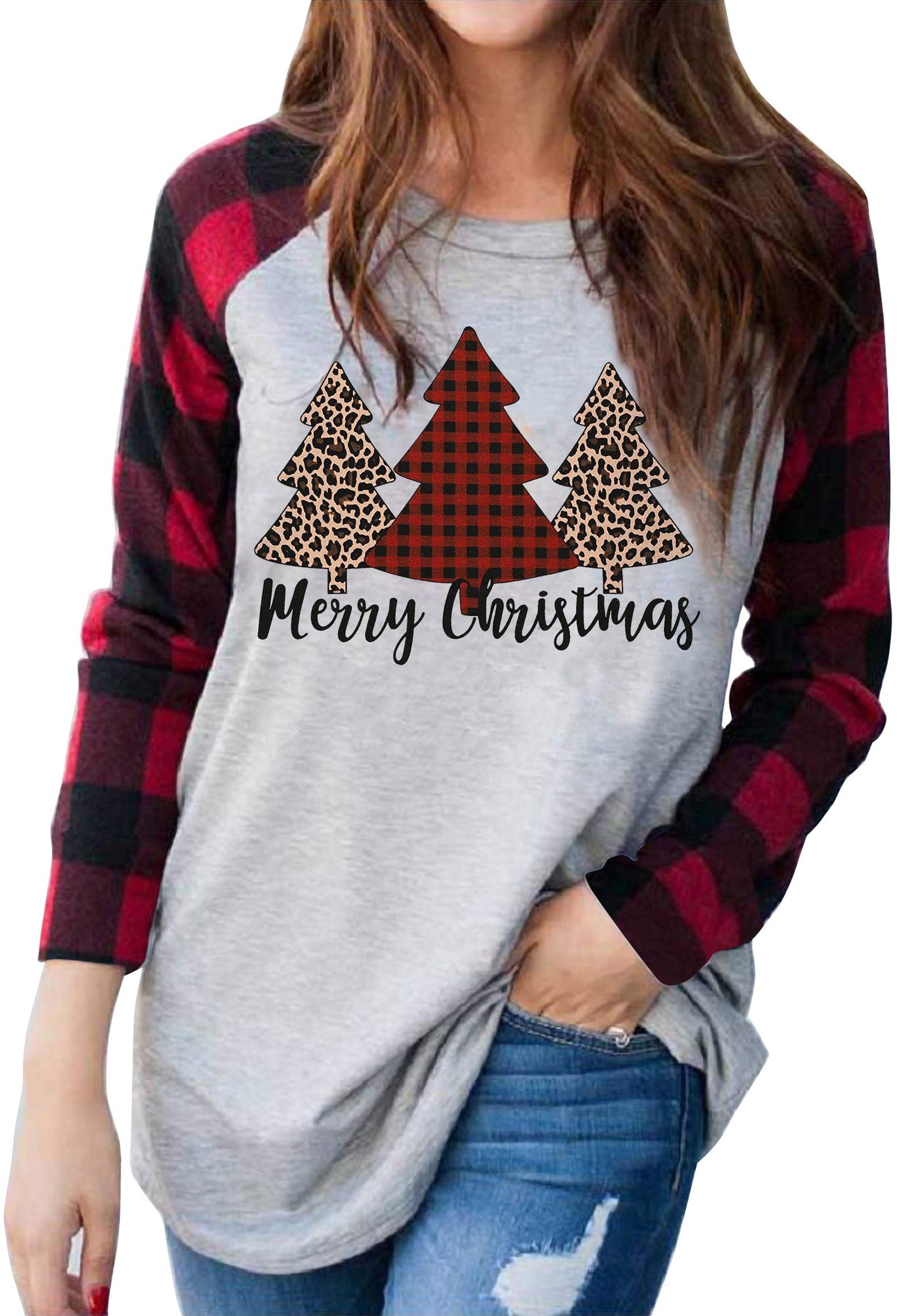 Plus Size Christmas T Shirt Women Xmas Leopard Plaid Trees Print Tees Casual Long Sleeve Holiday Shirts Top