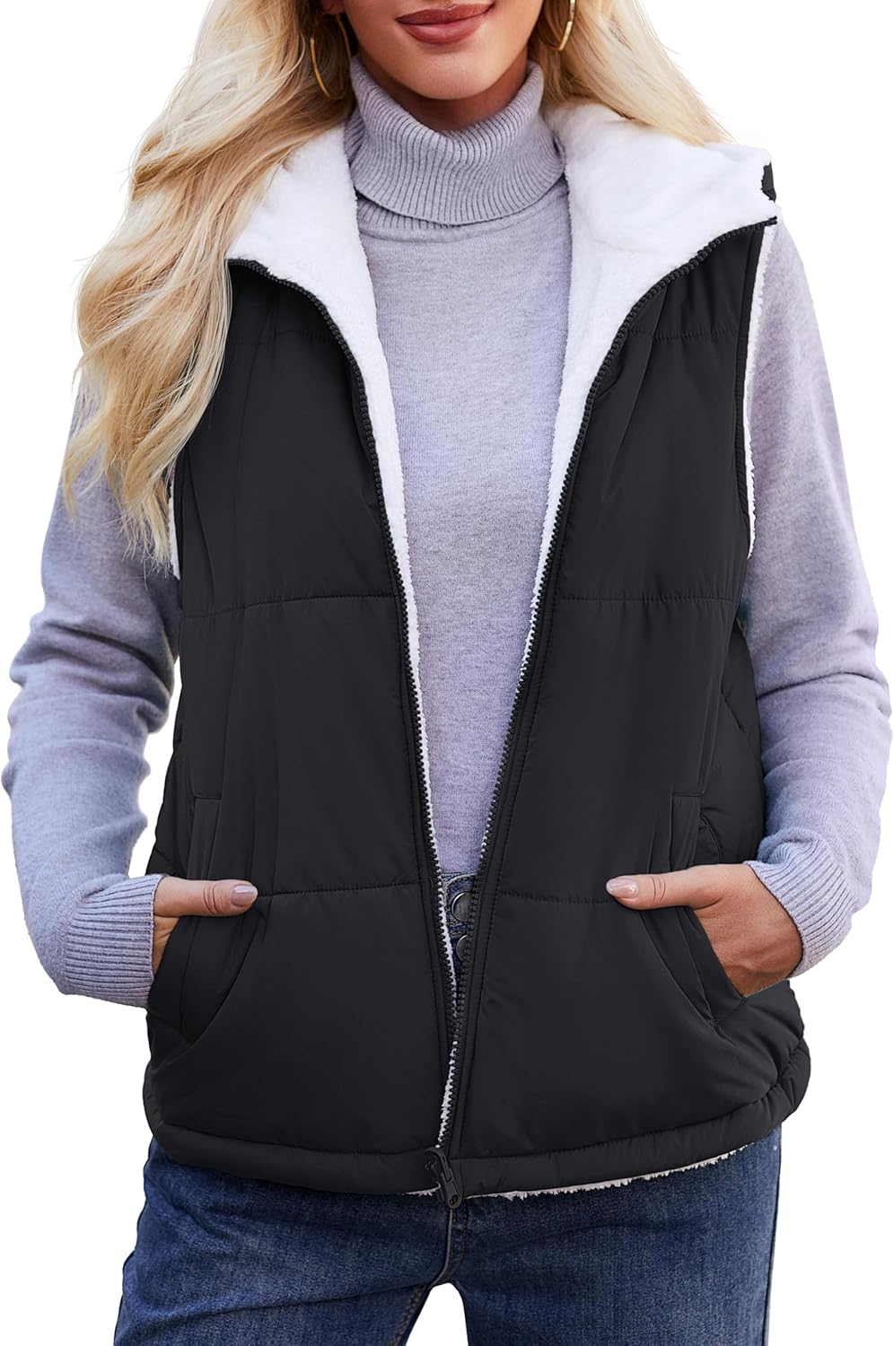 YUCOLEN Womens Puffer Vest Reversible Hooded Fleece Coat Quilted Zip Up Sleeveless Jacket Winter Outerwear with Pockets
