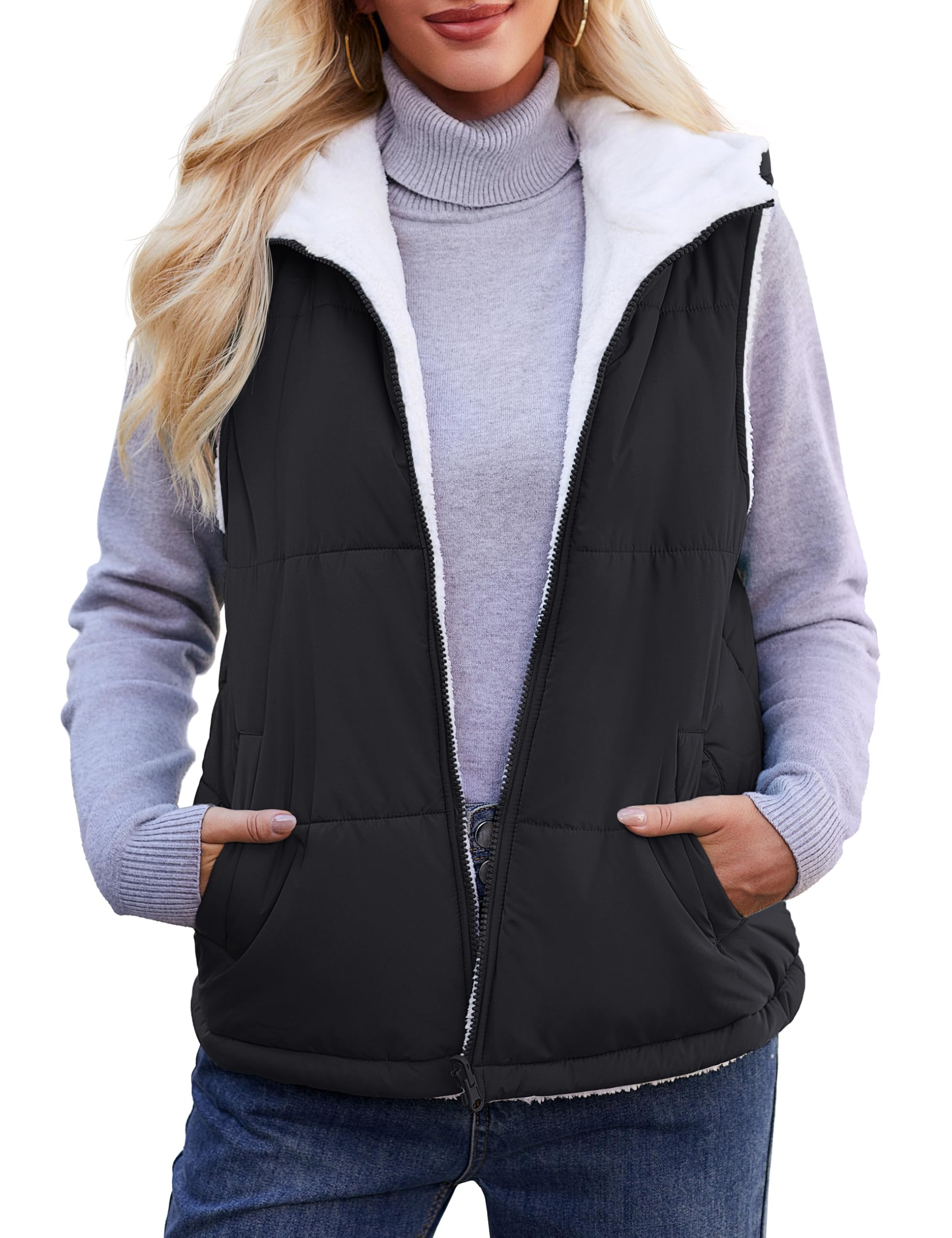 YUCOLEN Womens Puffer Vest Reversible Hooded Fleece Coat Quilted Zip Up Sleeveless Jacket Winter Outerwear with Pockets
