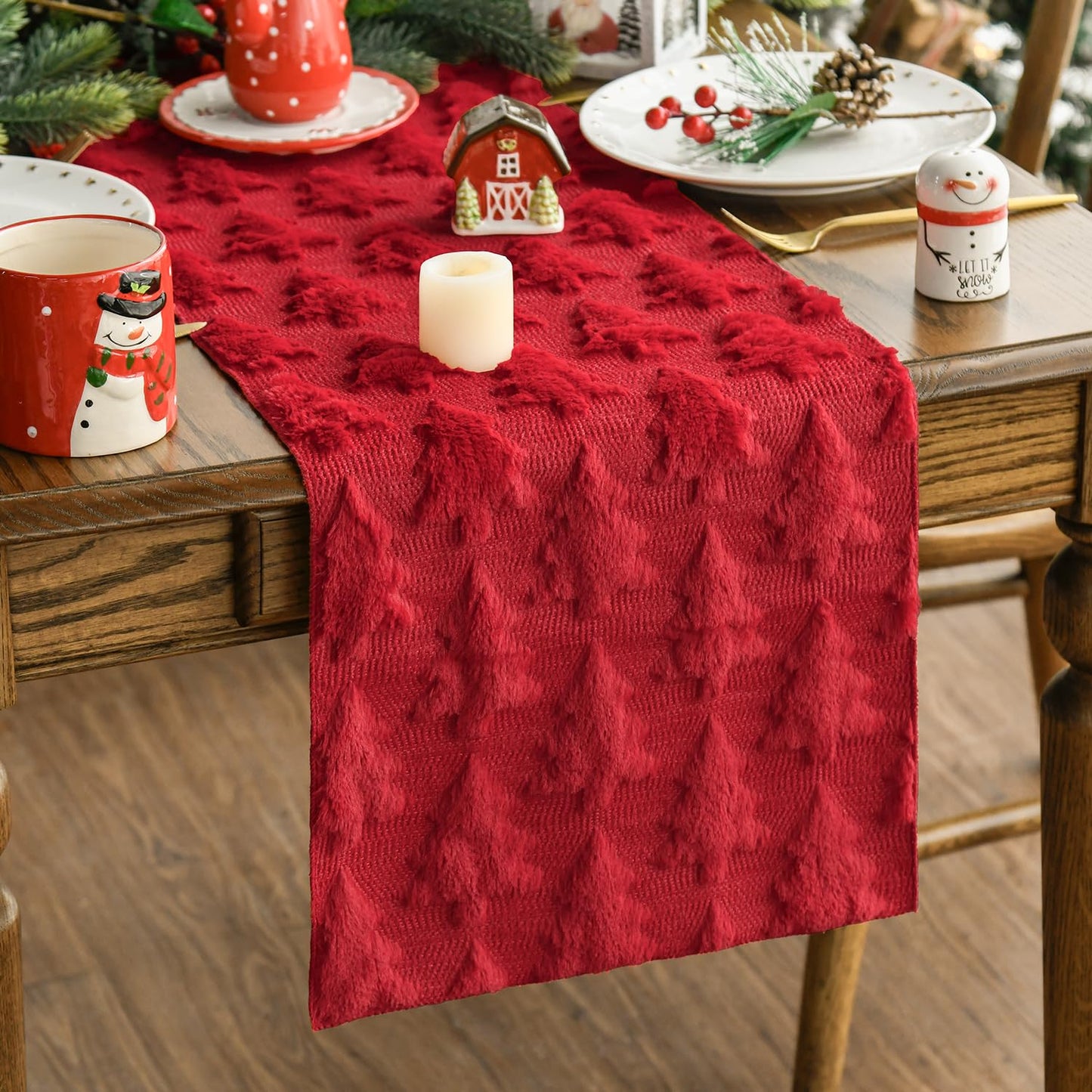 Artoid Mode Christmas Trees Green Soft Plush Faux Fur Jacquard Christmas Table Runner, Holiday Kitchen Dining Table Decoration for Home Party Decor 13x72 Inch