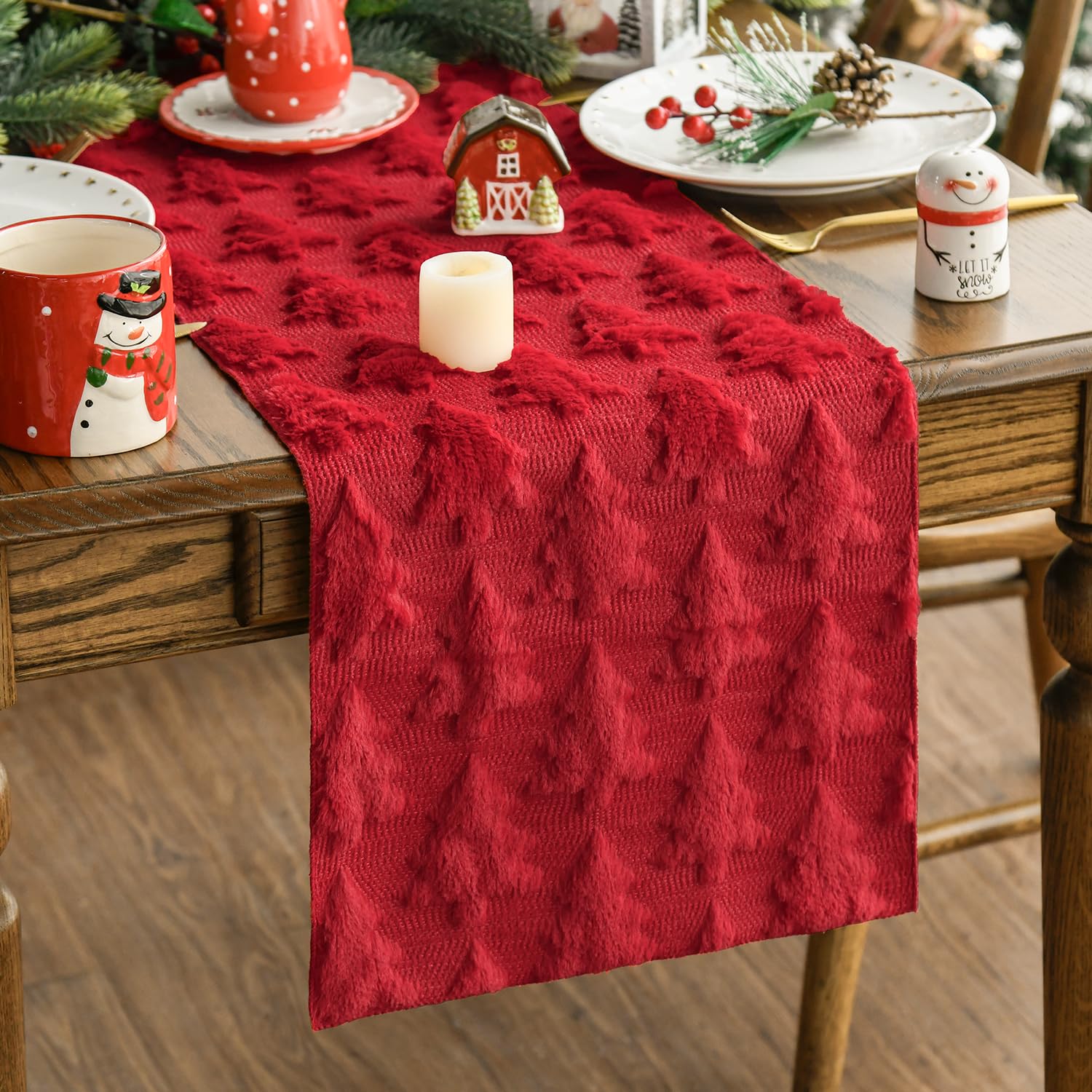Artoid Mode Christmas Trees Green Soft Plush Faux Fur Jacquard Christmas Table Runner, Holiday Kitchen Dining Table Decoration for Home Party Decor 13x72 Inch