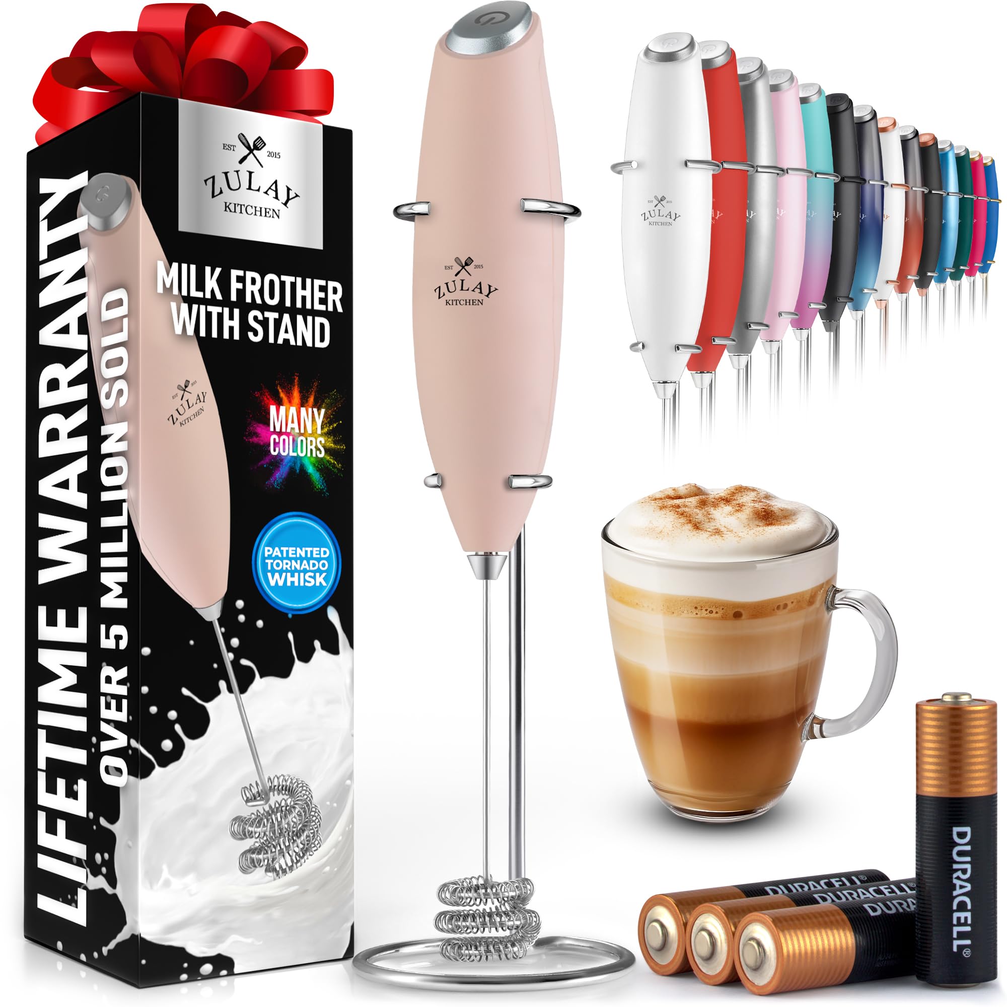 Zulay Kitchen Powerful Milk Frother Wand With 2 Duracell Batteries - Ultra Fast Handheld Drink Mixer - Electric Whisk Foam Maker for Coffee, Lattes, Cappuccino, Matcha, Hot Chocolate & Creamer - Black