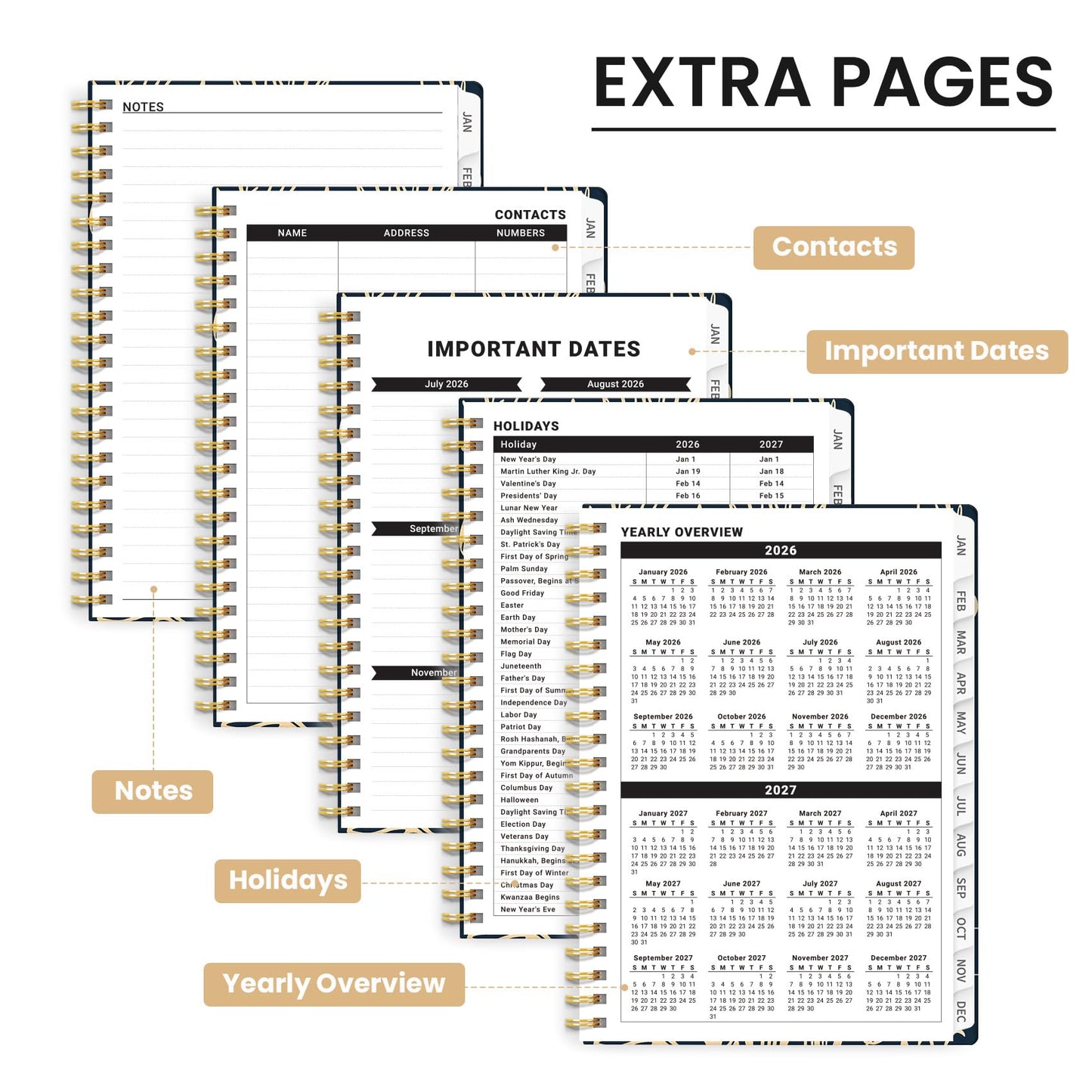 Hardcover 2026 Planner, Weekly and Monthly Calendar, Jan - Dec 2026 Planner Book with Tabs for Women, Inner Pocket, Spiral Bound, Perfect for Office/Home/School Supplies, Petals, A5, 6.3" x 8.5"