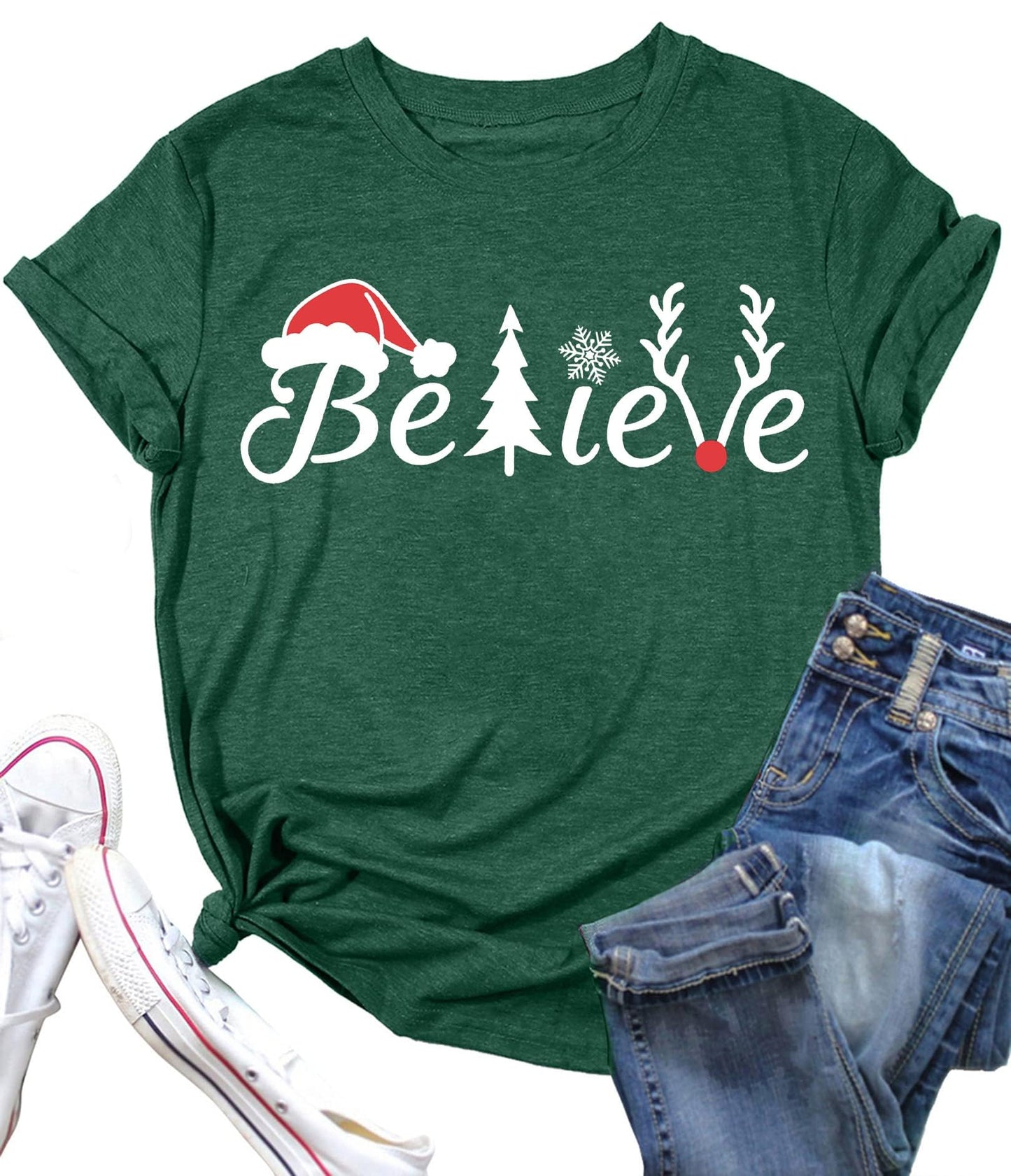 Believe Christmas Shirt for Women Christmas Tree Graphic T-Shirts Believe Letter Print Tees Holiday Tops