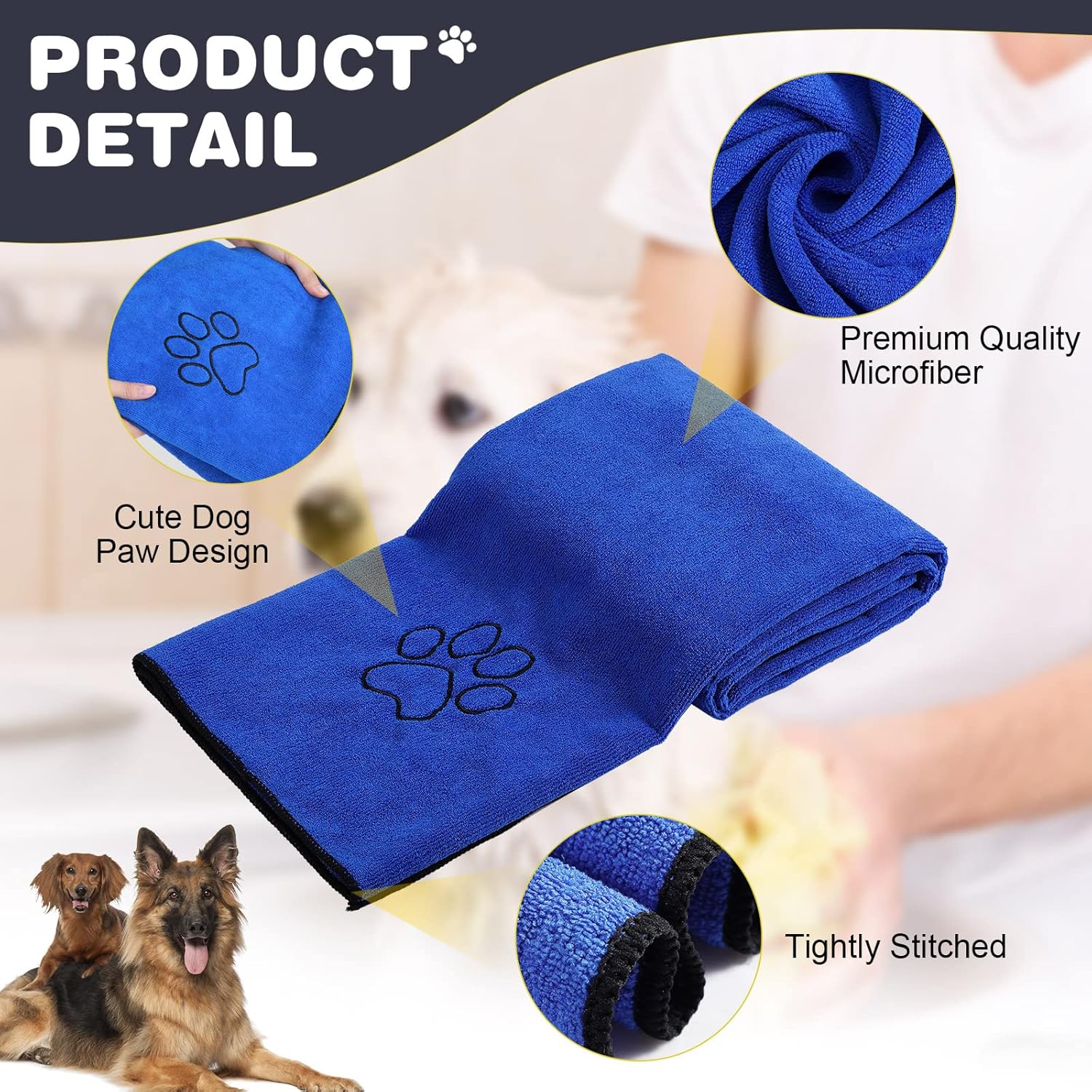 Chumia 4 Pack Dog Towels for Drying Large Microfiber Grooming Tools Absorbent Soft Bath Supplies with Embroidered Paw for Small Medium Pet Products(16 x 32 Inch,Blue)