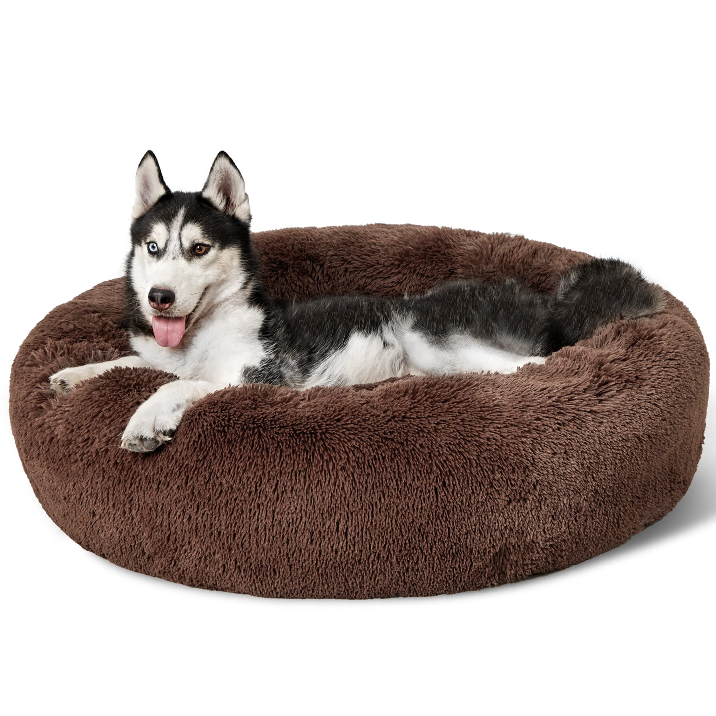 Bedsure Calming Dog Bed for Small Dogs - Donut Washable Small Pet Bed, 23 inches Anti-Slip Round Fluffy Plush Faux Fur Large Cat Bed, Fits up to 25 lbs Pets, Camel