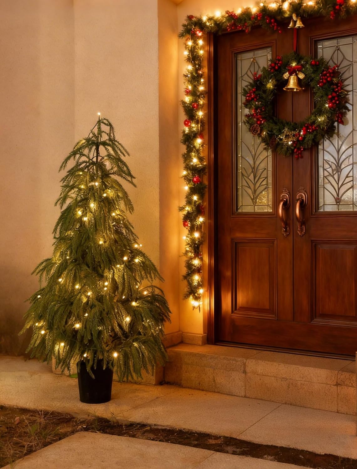 BLOSMON Outdoor Christmas Trees for Porch: 4 Ft Norfolk Pine Tree with 100 LED Lights Remote Control Timer 8 Lighting Modes - Small Artificial Cypress Trees Indoor Table Top Decor