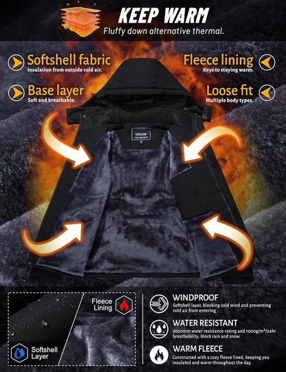 TACVASEN Men's Winter Skiing Jackets Water Resistant Fleece Coats Insulated Thermal Snowboard Jacket Parka Raincoat with Hood