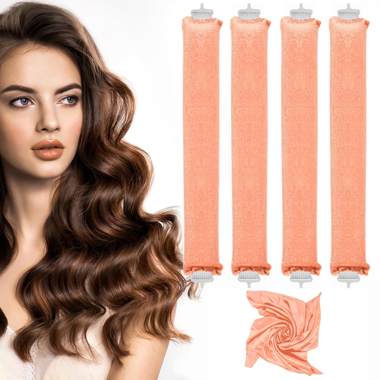 Heatless Curlers, Heatless Curls Overnight Set for Women, Soft Hair Curlers to Sleep In, Jumbo No Heat Hair Curlers Set with Headscarf and Hook for Long Hair (DarkBrown, 4 Packs)
