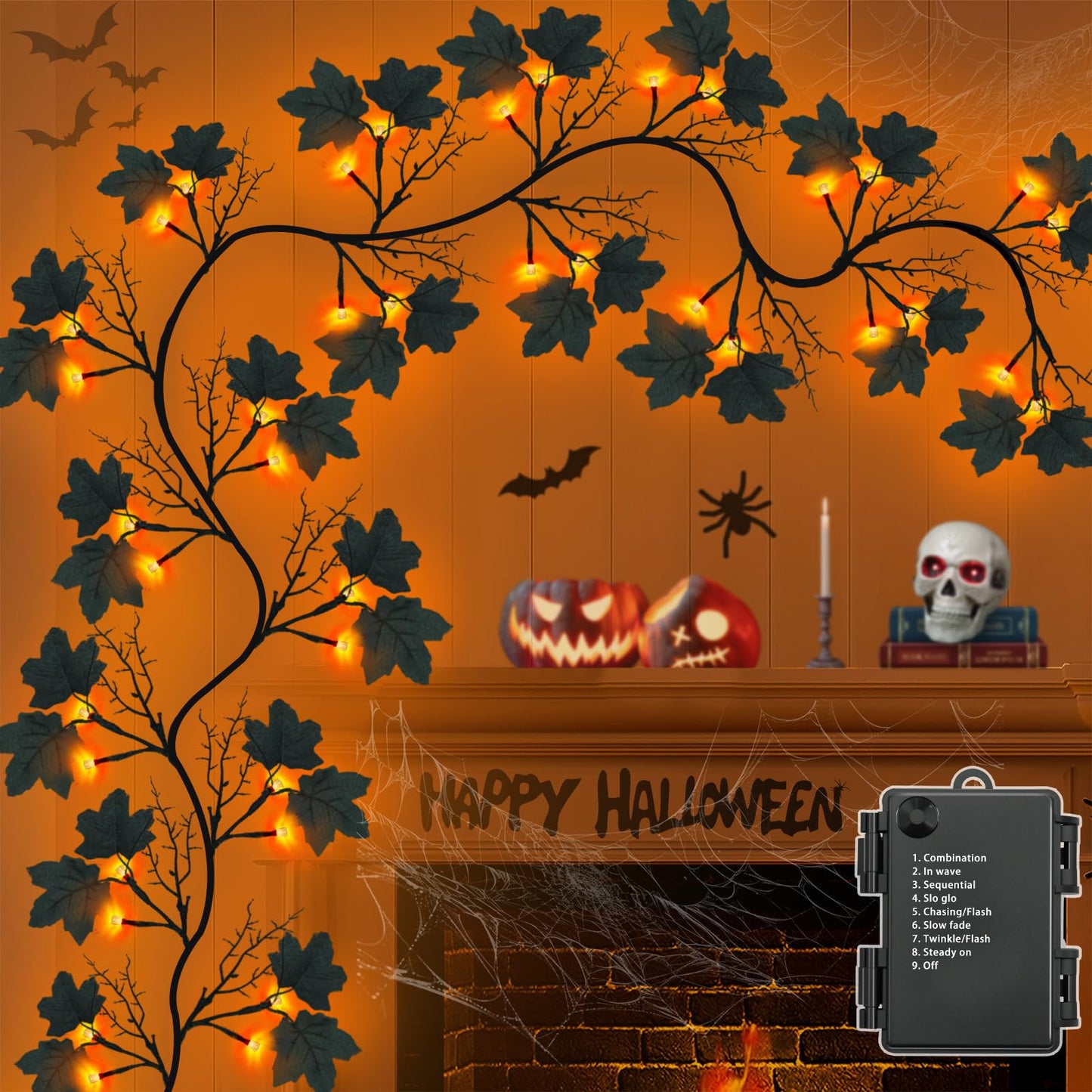 9 FT 72 LED Halloween Decorations Willow Vine Twig Decor with Orange Purple Lights and Dead Branches Black Leaves -Battery Operated 8 Modes for Indoor Wall Fireplace Halloween Decorations