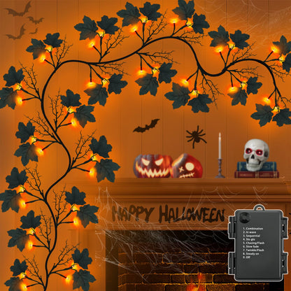 9 FT 72 LED Halloween Decorations Willow Vine Twig Decor with Orange Purple Lights and Dead Branches Black Leaves -Battery Operated 8 Modes for Indoor Wall Fireplace Halloween Decorations