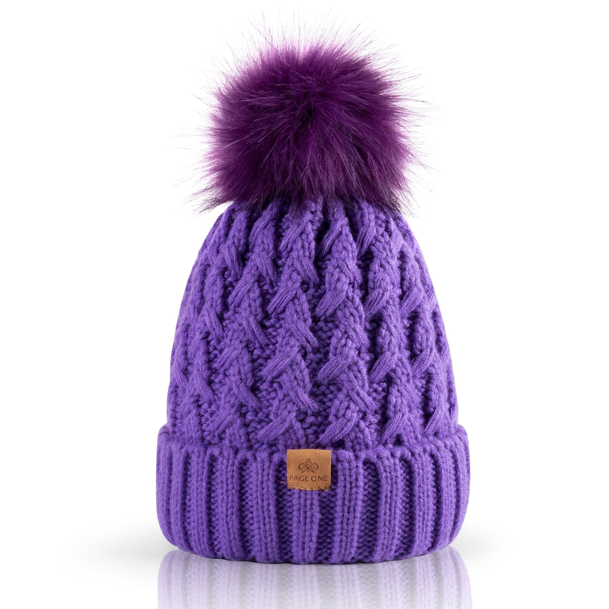 PAGE ONE Womens Winter Ribbed Beanie Crossed Cap Chunky Cable Knit Pompom Soft Warm Hat