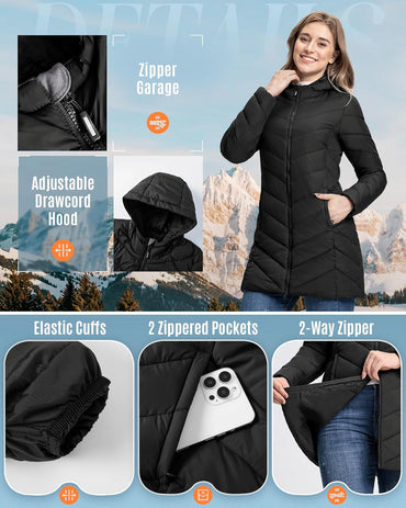 Outdoor Ventures Women's Long Hooded Lightweight Puffer Coat Quilted Insulated Winter Jacket