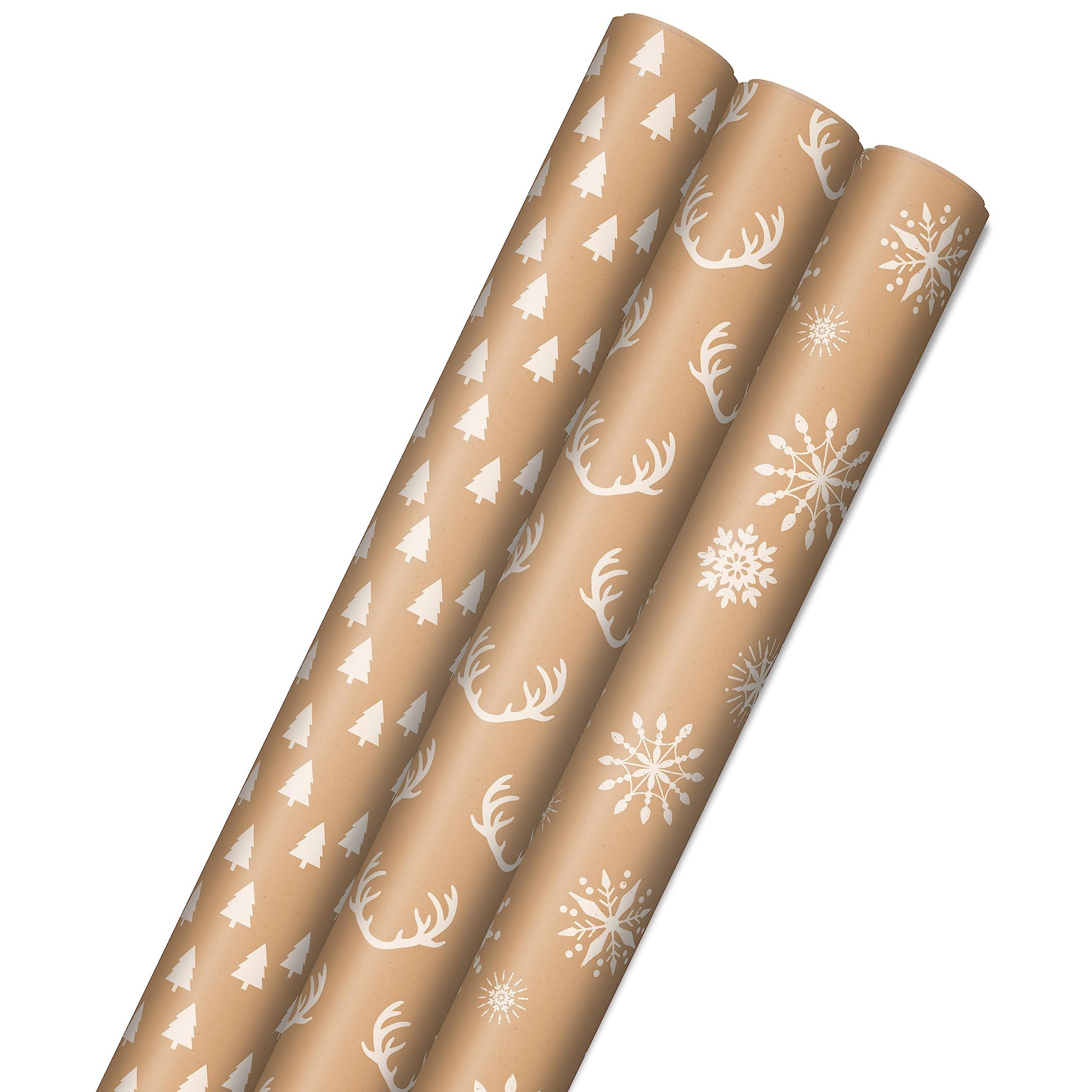 Hallmark Christmas Wrapping Paper Rolls, Brown Kraft Snowflakes, Blue and Green Foliage, Trees Gift Wrap (Pack of 3: 90 sq. ft. ttl.) for Holiday Parties, Winter Weddings, Birthdays