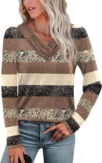 WIHOLL Long Sleeve Shirts for Women Fall Outfits V Neck T Shirts Button Down Tunic Tops Fashion Clothing