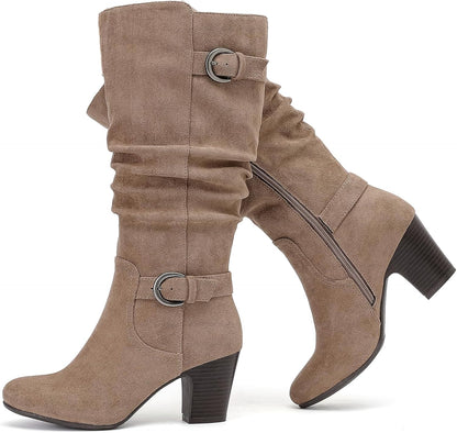 Women's Slouchy Knee High Boots with Chunky Heel, Pointed Toe, Comfortable and Fashionable Fall Winter Boots for Women.