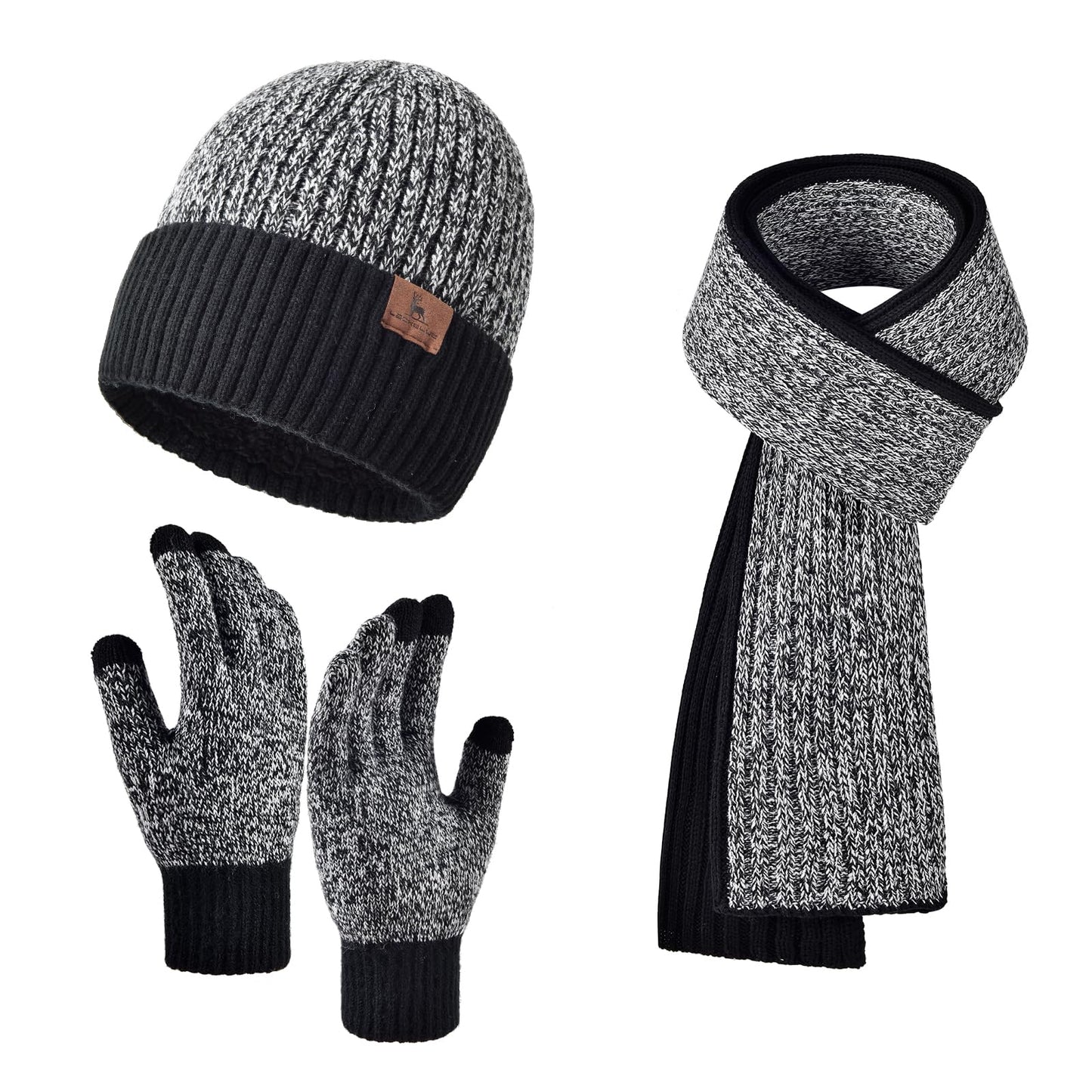 Men Women Winter Beanie Hats Scarf with Touchscreen Gloves Warm Knit Themal Gloves Long Scarf Set with Fleece Lined