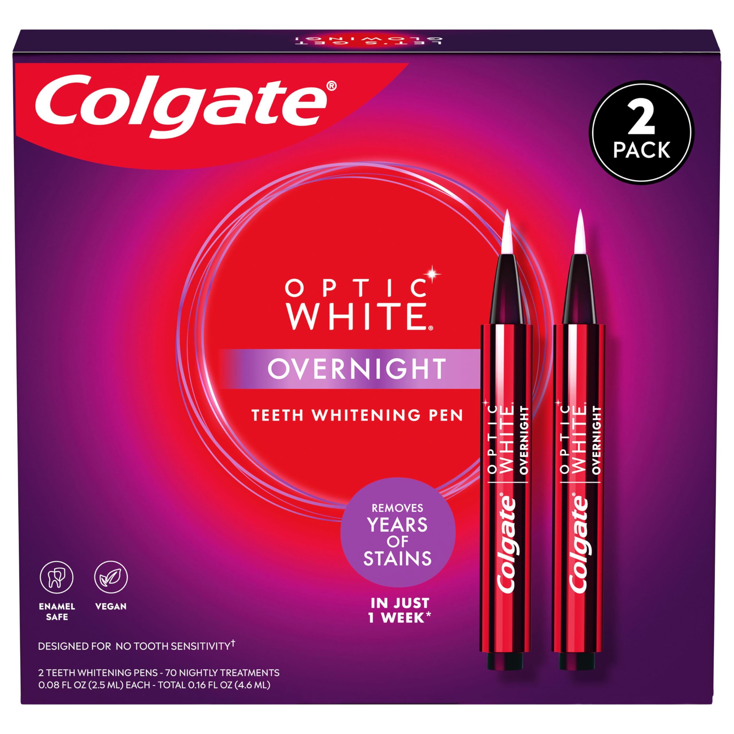 Colgate Optic White Overnight Teeth Whitening Pen, Hydrogen Peroxide Teeth Whitening Pen, Visibly Whiter Teeth In Just 1 Week When Used as Directed, 21 Whitening Treatments, 0.08 fl oz