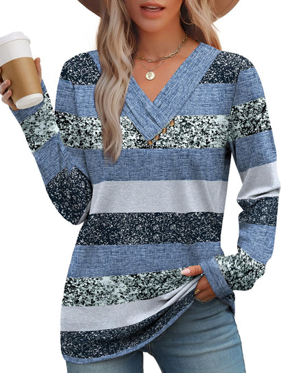 WIHOLL Long Sleeve Shirts for Women Fall Outfits V Neck T Shirts Button Down Tunic Tops Fashion Clothing