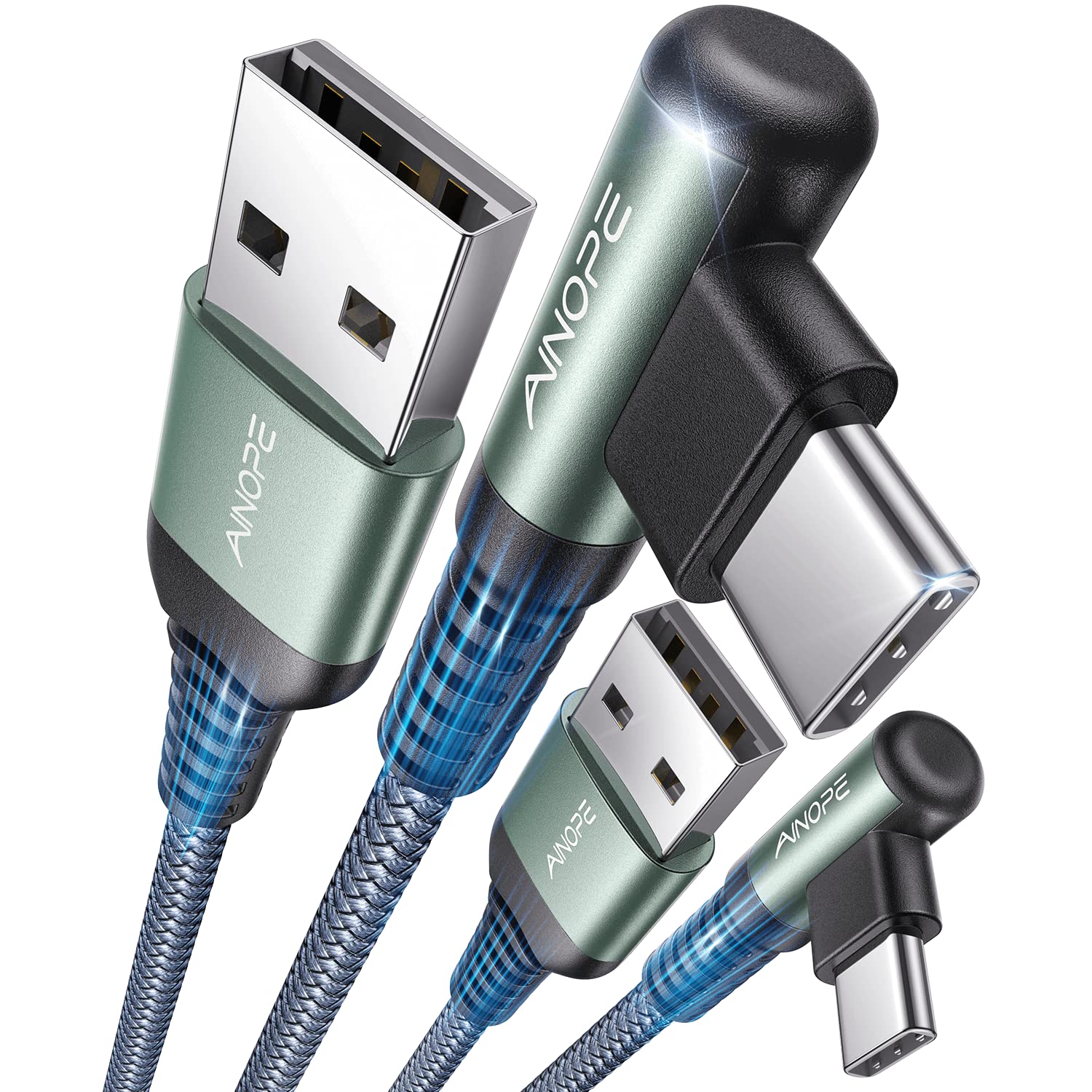 AINOPE USB C Cable [2-Pack, 6.6ft] 3.1A Type C Charger Fast Charging, Right Angle USB to USB C Cable Braided USBC Charger for Galaxy S10+ S10 S9, Note 10 9, LG V30, Moto, iPhone 16 15 Cord Type C