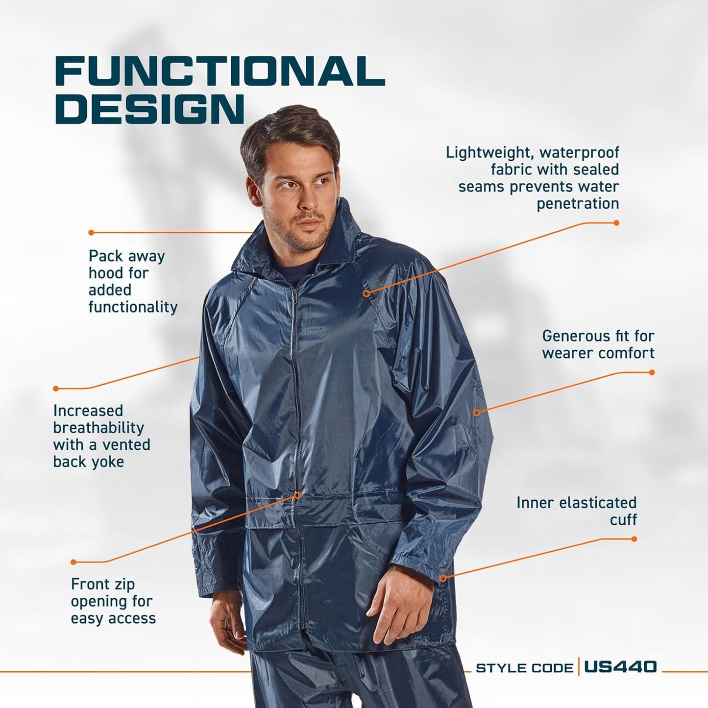 Portwest Classic Rain Jacket Waterproof Work Wear Coat Multi Pockets Outdoor Durable, Navy, X Large