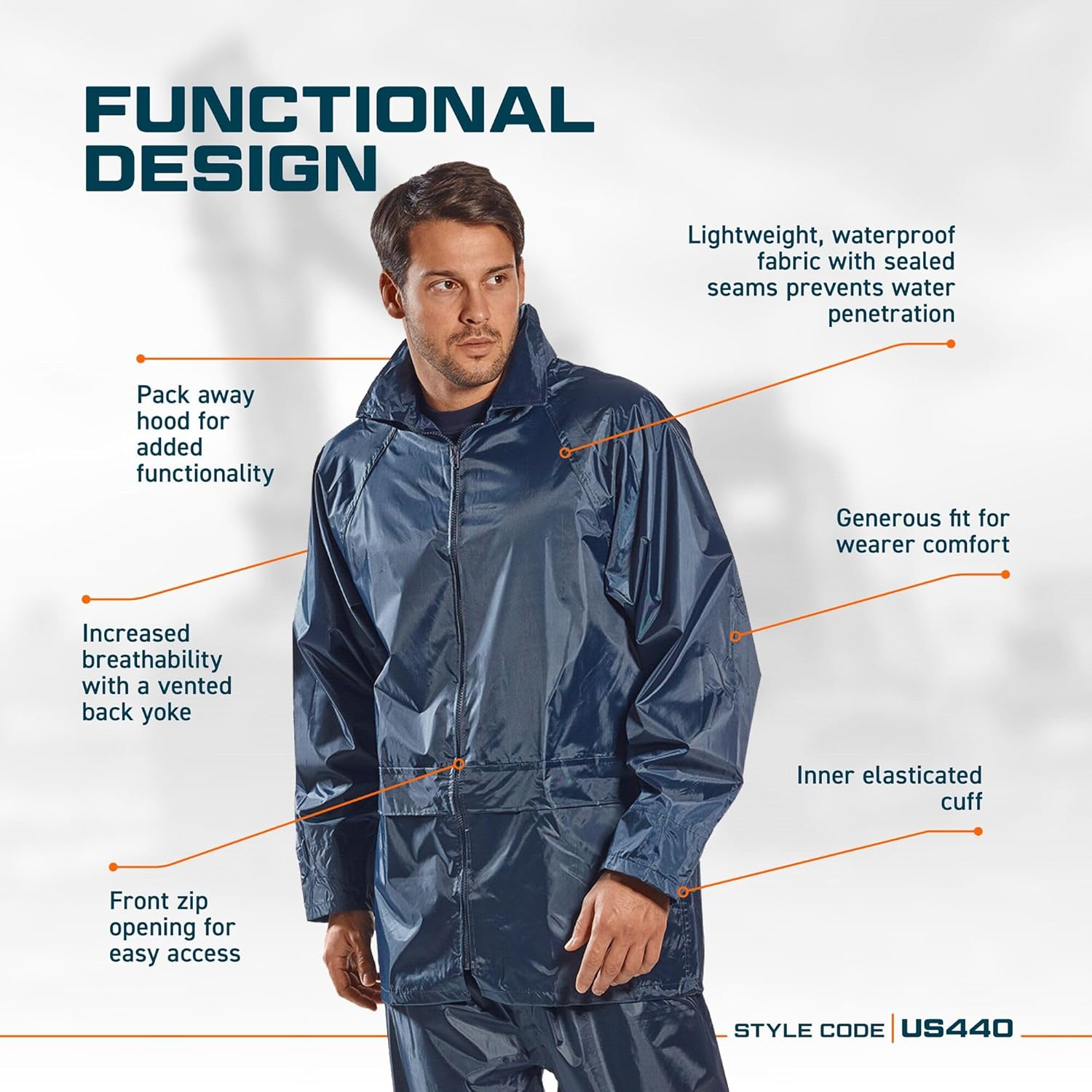 Portwest Classic Rain Jacket Waterproof Work Wear Coat Multi Pockets Outdoor Durable, Navy, X Large