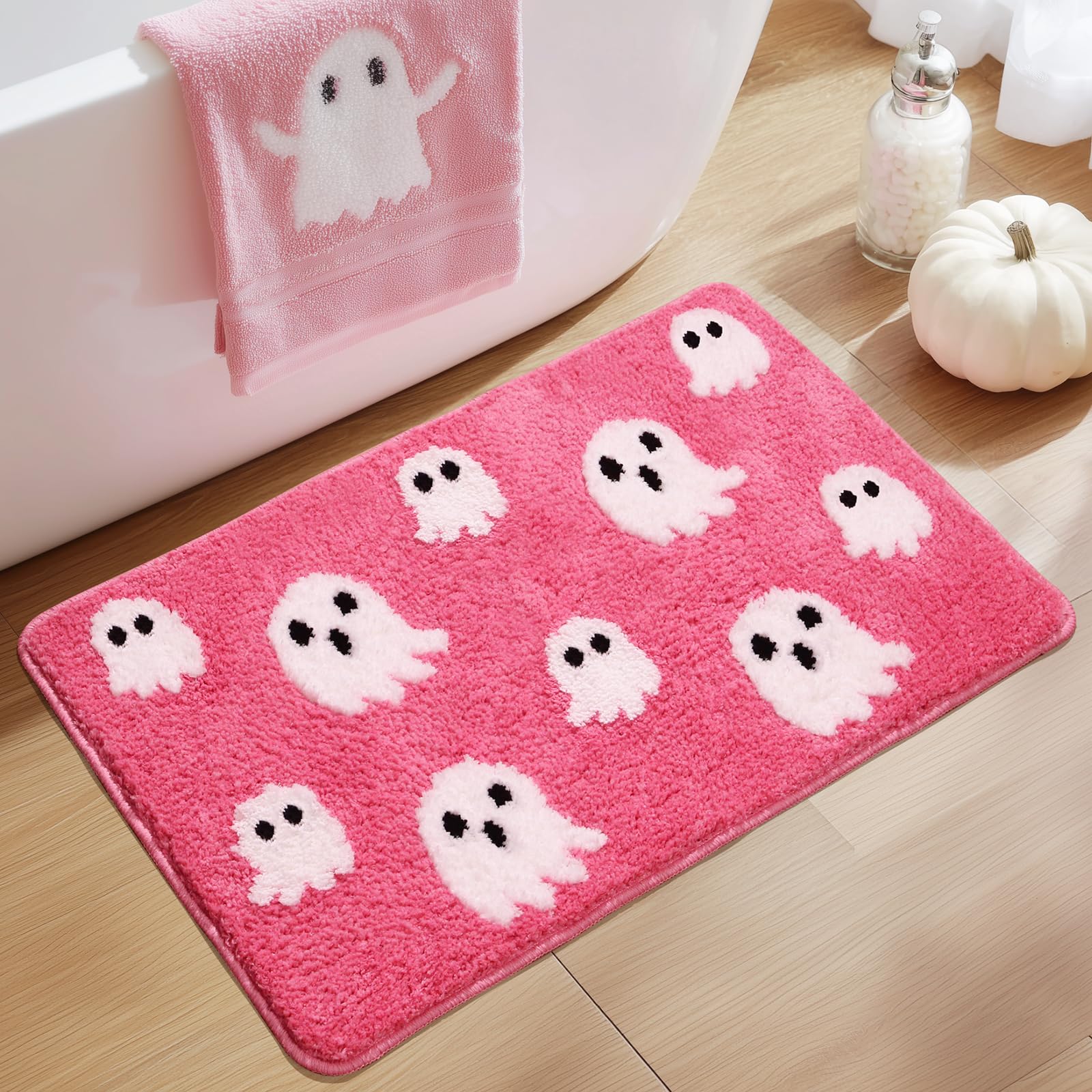 Black Halloween Bath Mat – Cute Ghost Decor Mat Non-Slip Black Bathroom Rug Soft Spooky Bath Rug for Shower, Bedroom, Living Room