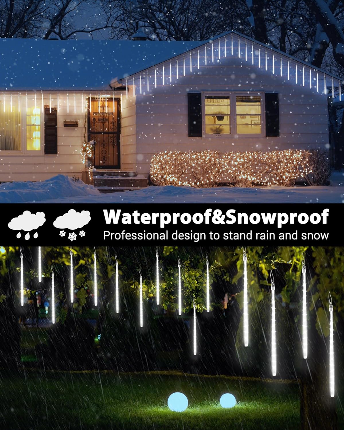 iBaycon 20 Tubes 480 LED Meteor Shower Rain Lights, 11.8 inches Cascading Icicle Lights Waterproof Outdoor, Connectable Falling Raindrop Lights with Timer for Holiday Party Christmas Decorations