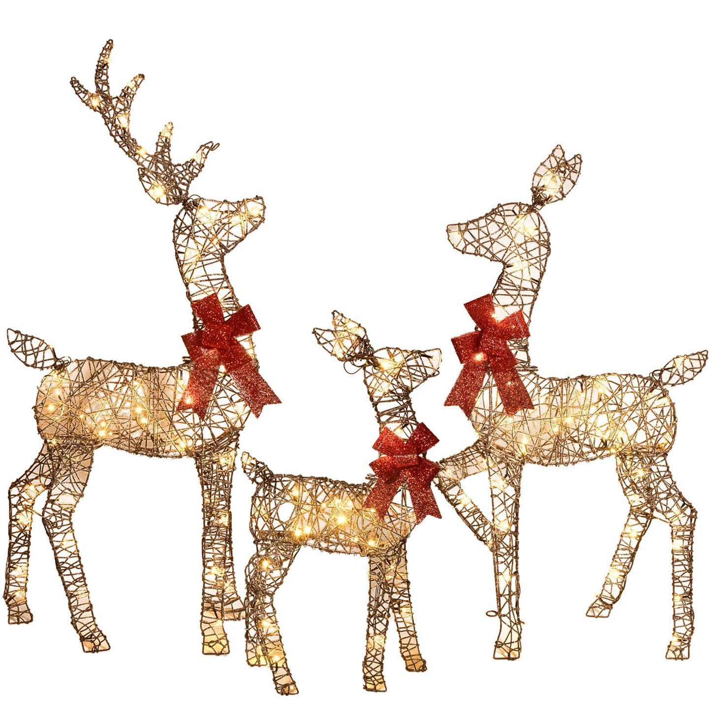 3-Piece 2D Lighted Christmas Deer Family Set - HOYECHI Large Outdoor Yard Reindeer Holiday Decoration with 145 LED Lights, Stakes, Zip Ties - Gold