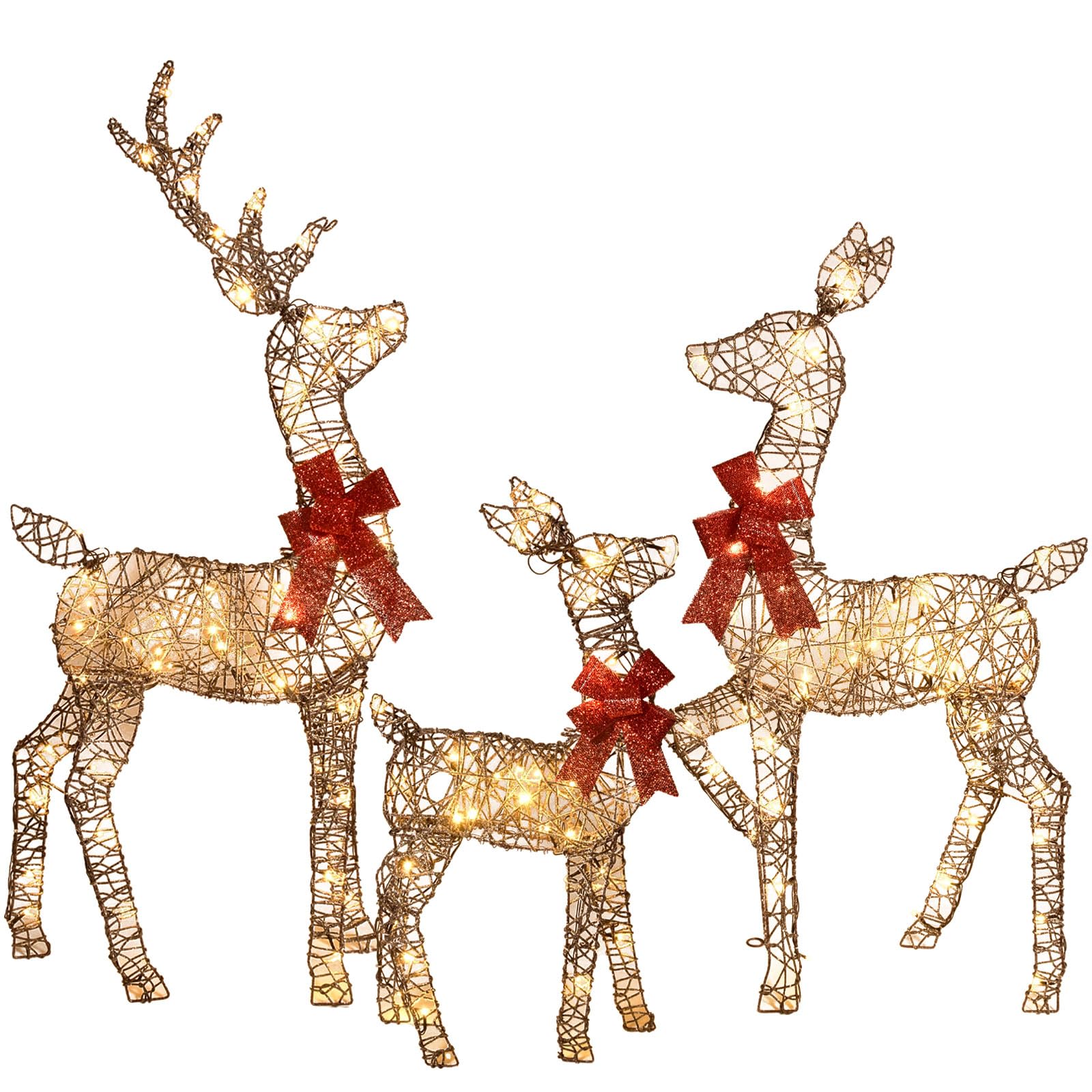 3-Piece 2D Lighted Christmas Deer Family Set - HOYECHI Large Outdoor Yard Reindeer Holiday Decoration with 145 LED Lights, Stakes, Zip Ties - Gold