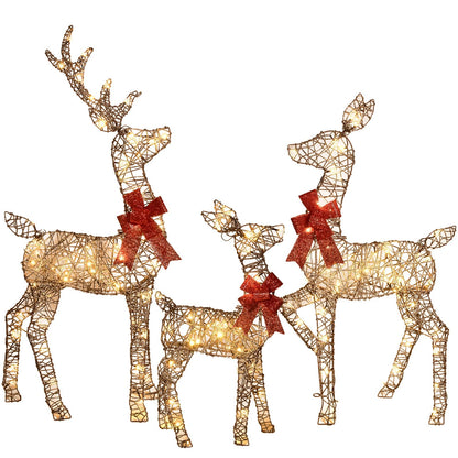 3-Piece 2D Lighted Christmas Deer Family Set - HOYECHI Large Outdoor Yard Reindeer Holiday Decoration with 145 LED Lights, Stakes, Zip Ties - Gold
