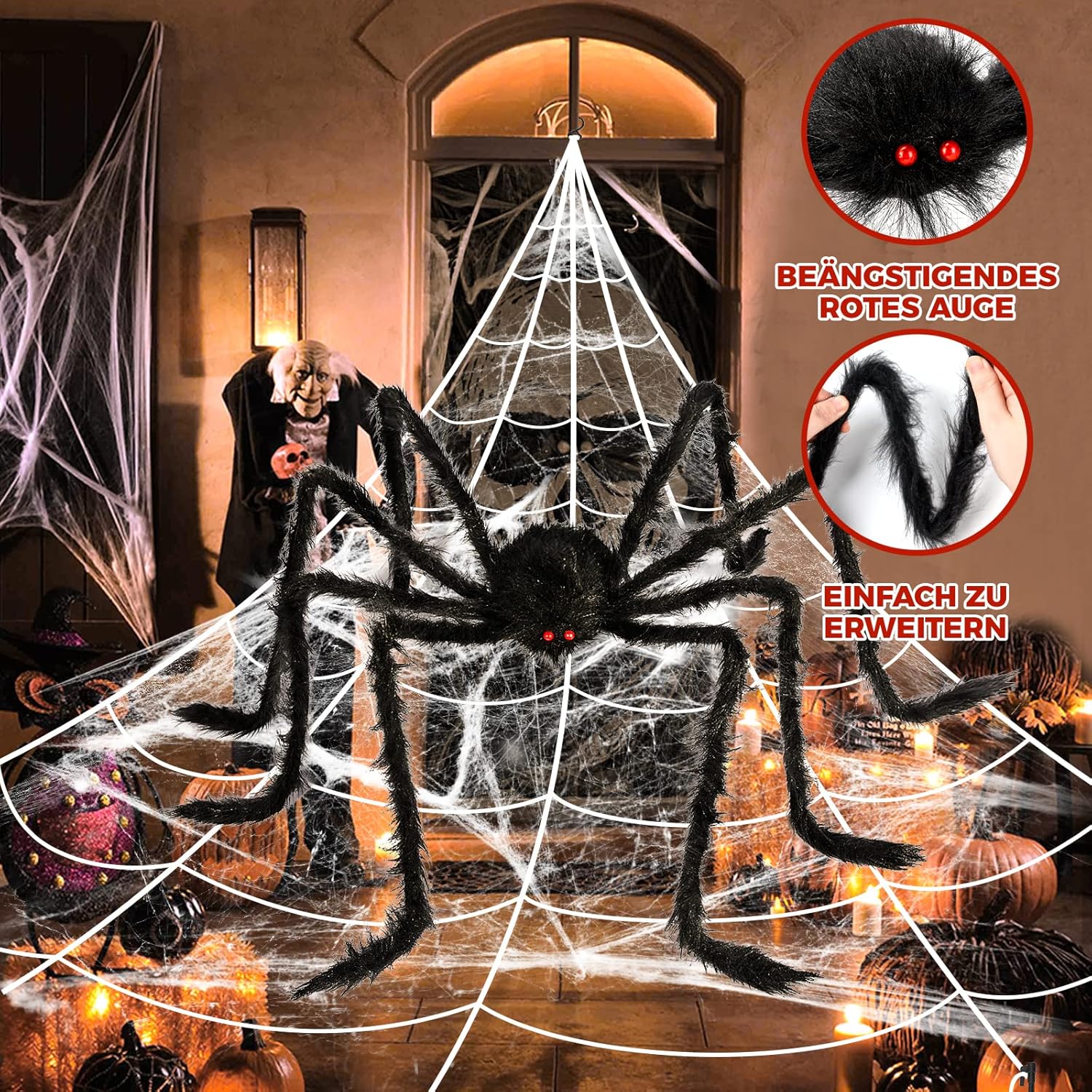 BOSONER Halloween Decorations Outdoor Spider Webs: 1Pcs Giant Spiders - 200'' Triangular Web with Hook - Stretch Web and Ground Stakes for Large Halloween Decor and Haunted House Decoration