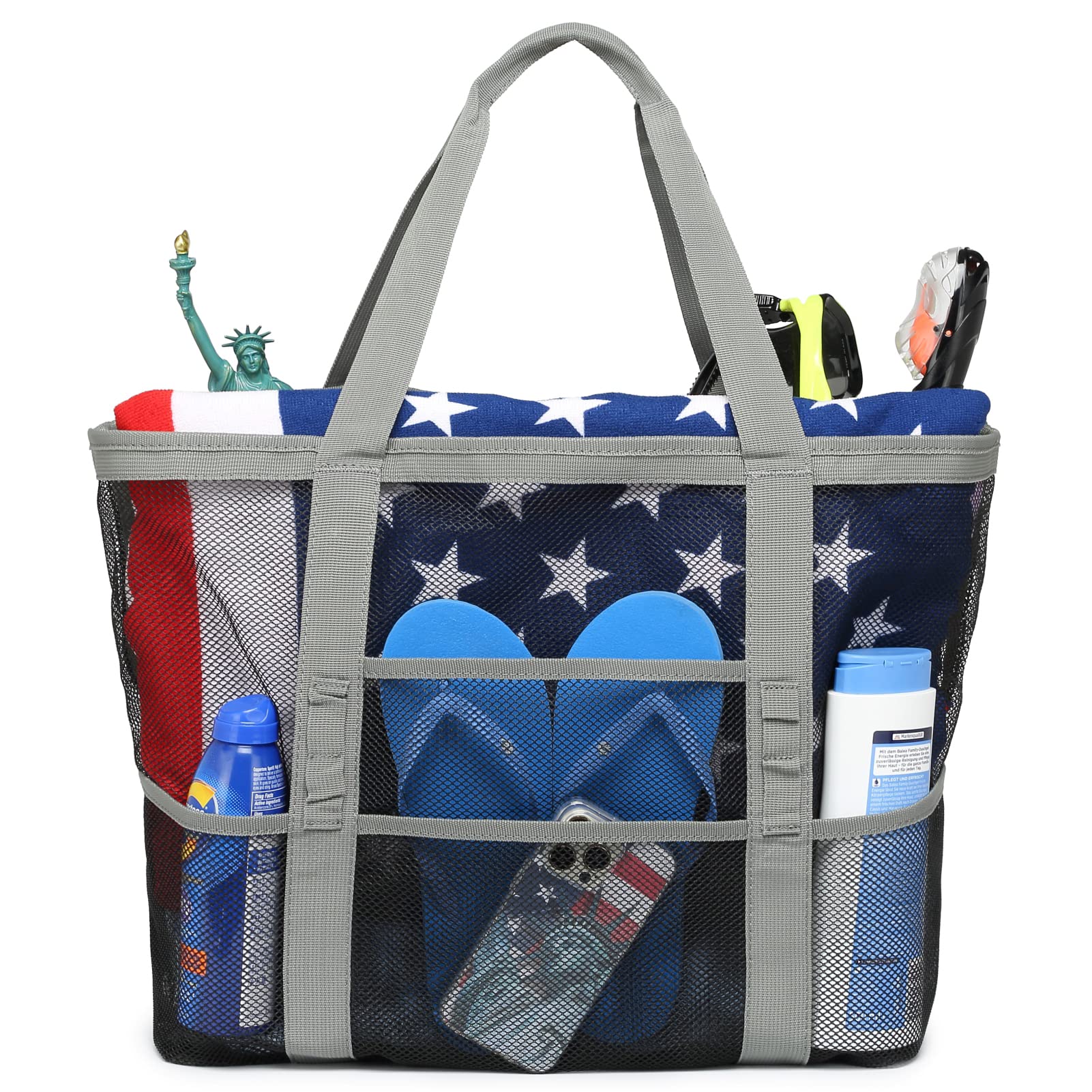 F-color Mesh Beach Bag Family - 9 Pockets Large Beach Tote for Cruise Vacation Essentials