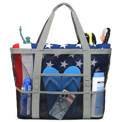 F-color Mesh Beach Bag Family - 9 Pockets Large Beach Tote for Cruise Vacation Essentials