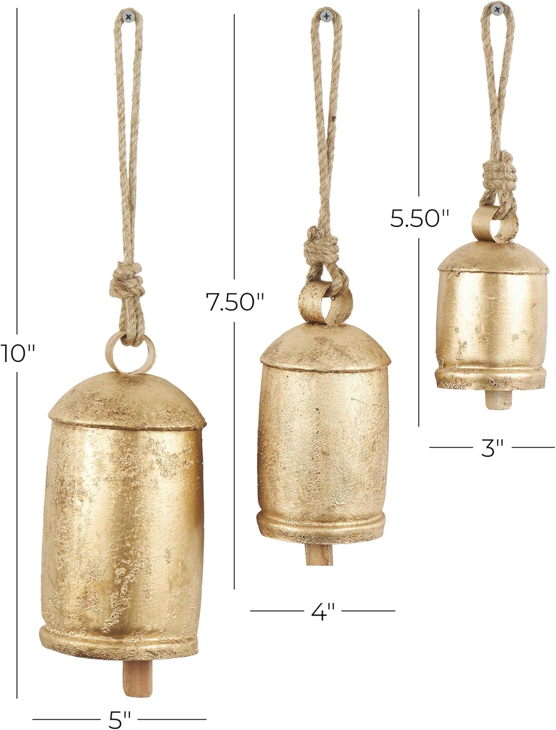 Deco 79 Gold Metal Tibetan Inspired Decorative Giant XL Cow Bells with Jute Hanging Rope, Set of 3 10",8",6"H - Cylindrical