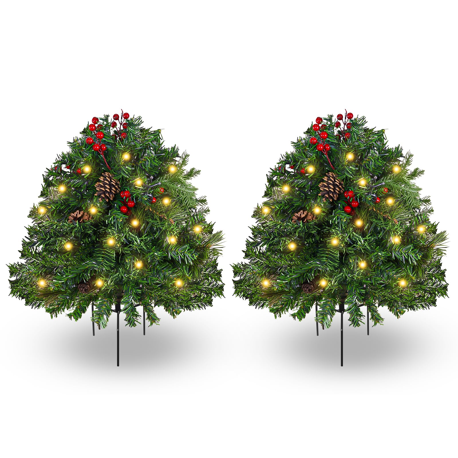 2 Pack Lighted Artificial Christmas Urn Filler, Battery Operated Pre-lit Xmas Pine Trees, Tripod Stake and 60 LED Lights, Holiday Porch Decorations for Porch, Yard, Garden, Flower Beds（Multicolor）