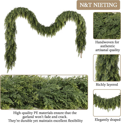 9ft Christmas Cedar Garland with Soft Thickness Pine, Artificial Green Faux Cedar Pine Garland for Mantle Fireplace Indoor Outdoor Holiday Party Home Decoration（2 Pcs）