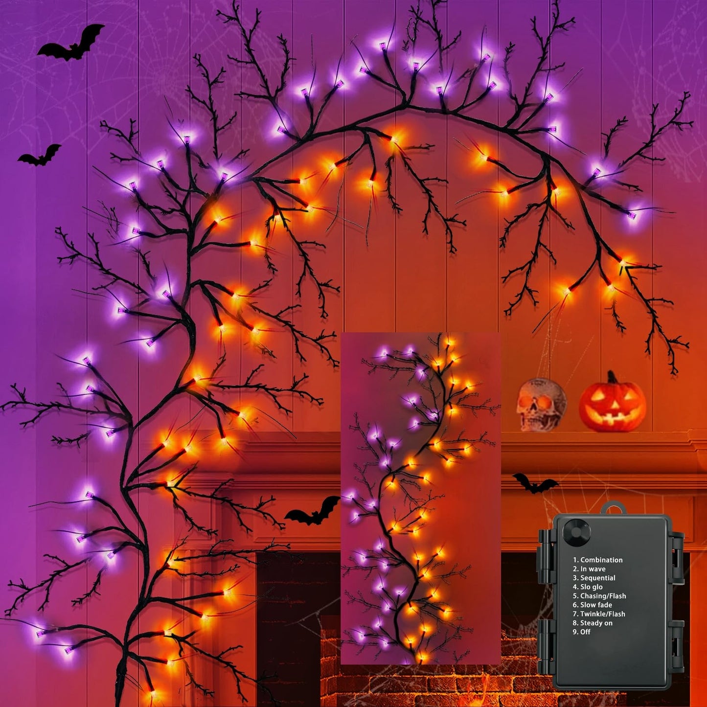 [8 Modes & Timer] 6 Ft 54LED Halloween Garland with Lights, Orange Purple Willow Vine Twig Garland Battery Operated Indoor Outdoor Fireplace Table Wall Home Party Halloween Decor
