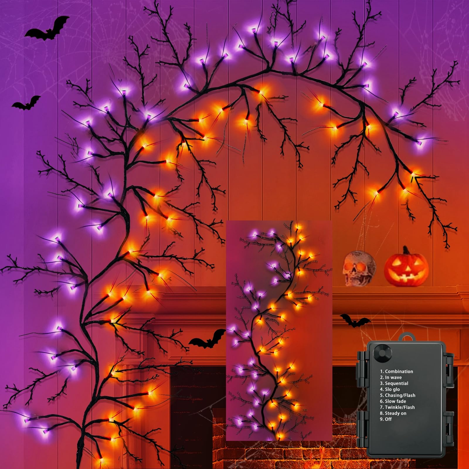 [8 Modes & Timer] 6 Ft 54LED Halloween Garland with Lights, Orange Purple Willow Vine Twig Garland Battery Operated Indoor Outdoor Fireplace Table Wall Home Party Halloween Decor