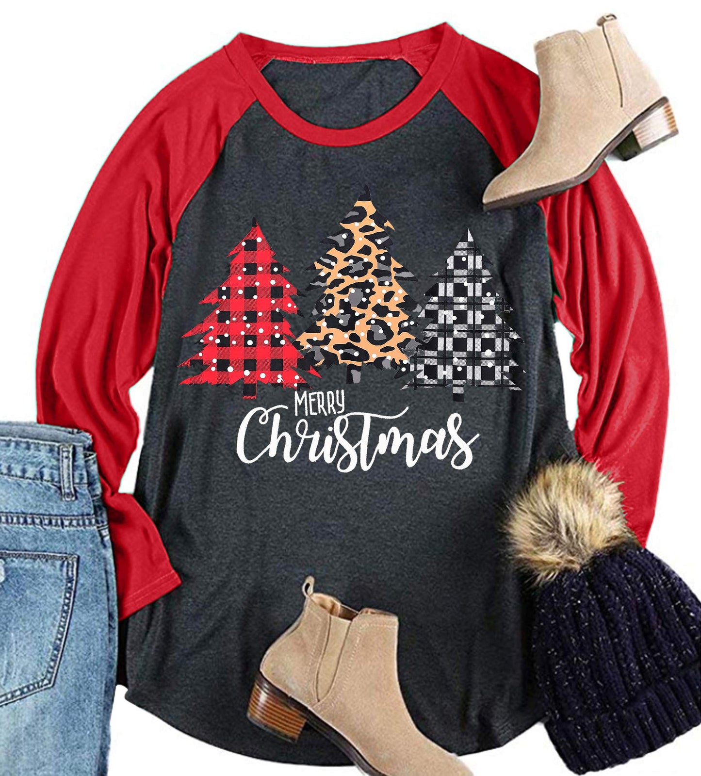 Plus Size Christmas T Shirt Women Xmas Leopard Plaid Trees Print Tees Casual Long Sleeve Holiday Shirts Top