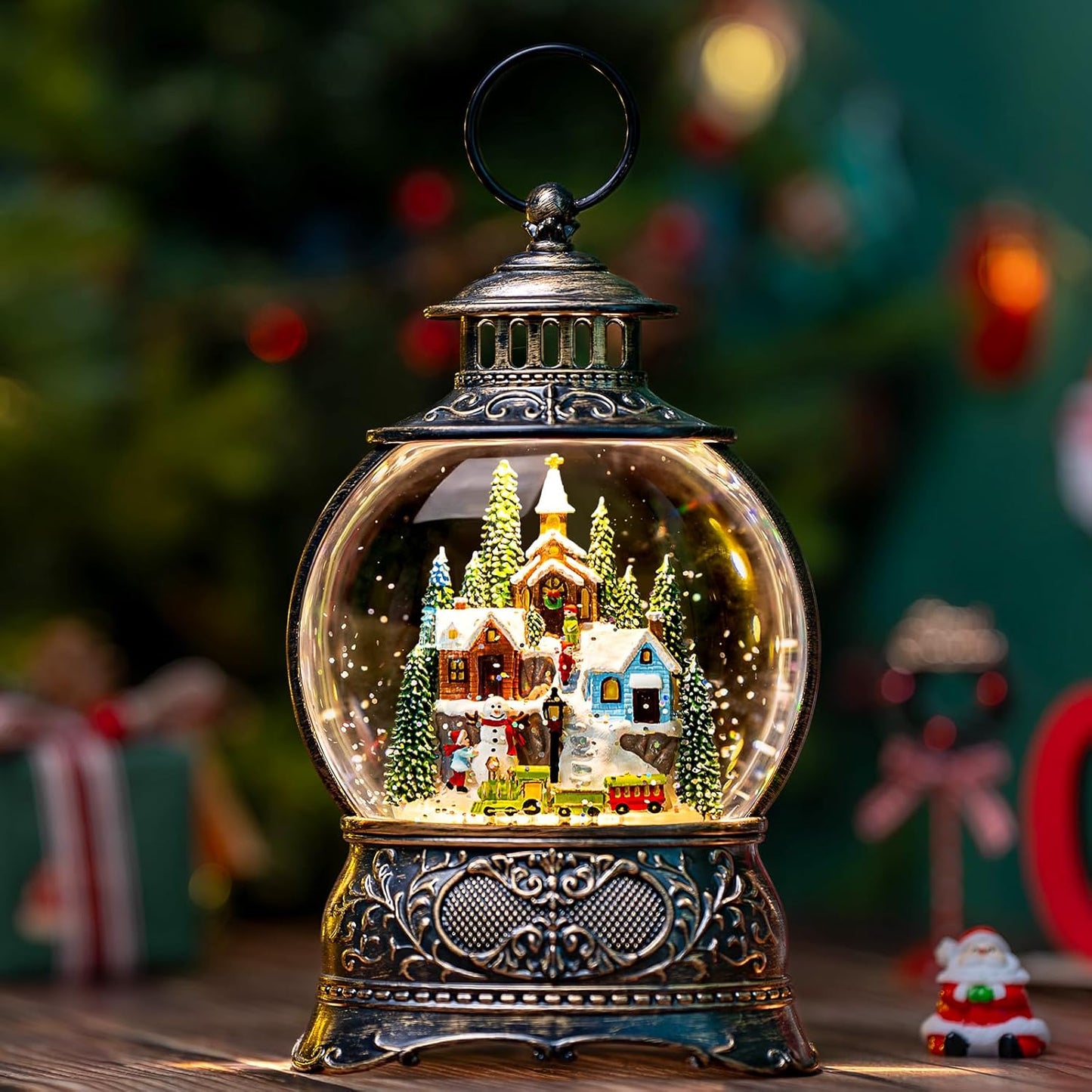 Christmas Snow Globes Christmas Water Lantern with Snowy Train Snowman, Music & 6H Timer, USB Lined/Battery Operated Lighted Lanterns for Xmas Festival Decoration Gifts