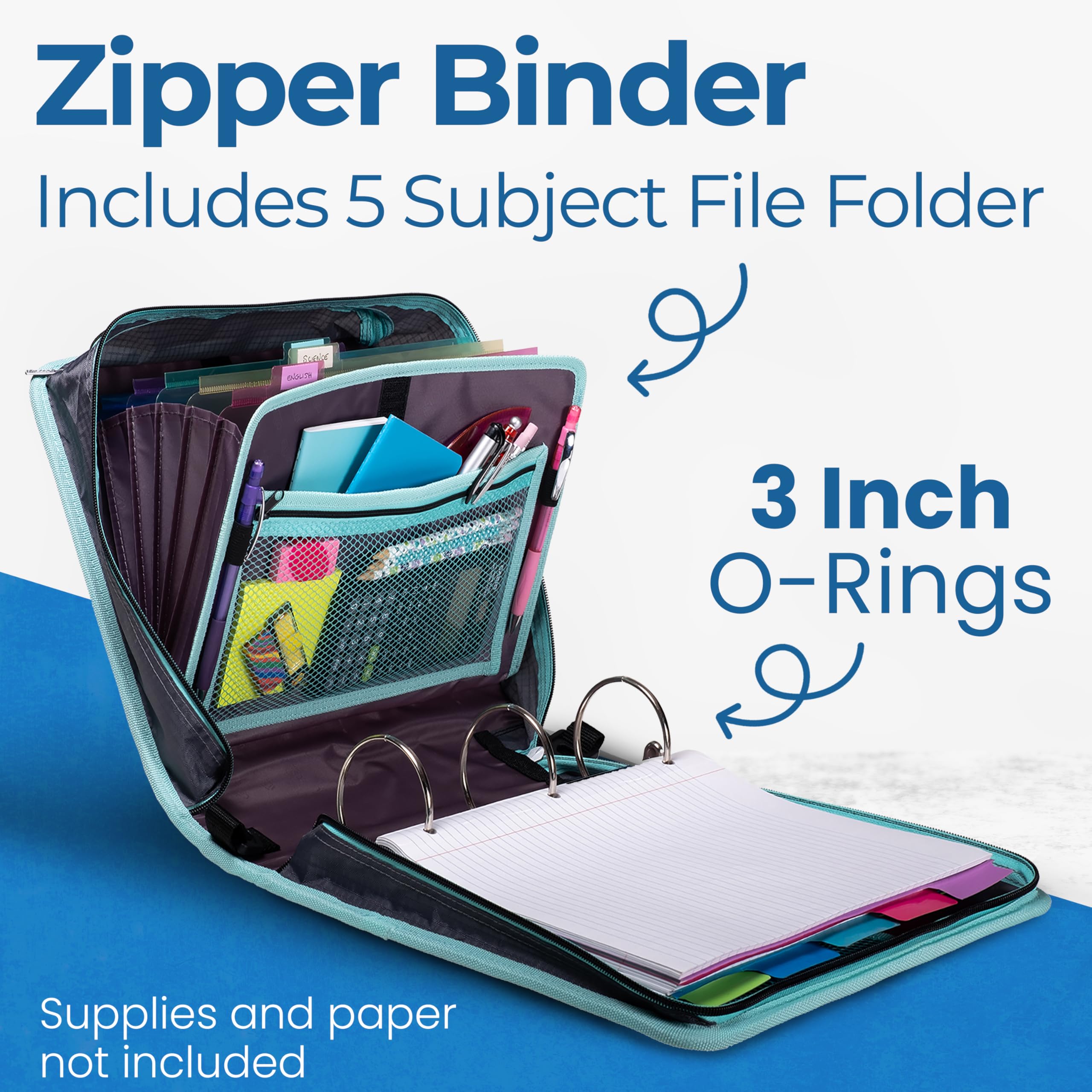 Case-it Mighty Zip Tab School Zipper Binder | 3-Inch O-Rings, 600-Sheet Capacity, 5-Subject Expanding File Folder, Multiple Pockets & Storage Organizer, Shoulder Strap | D-146 Fun Flowers
