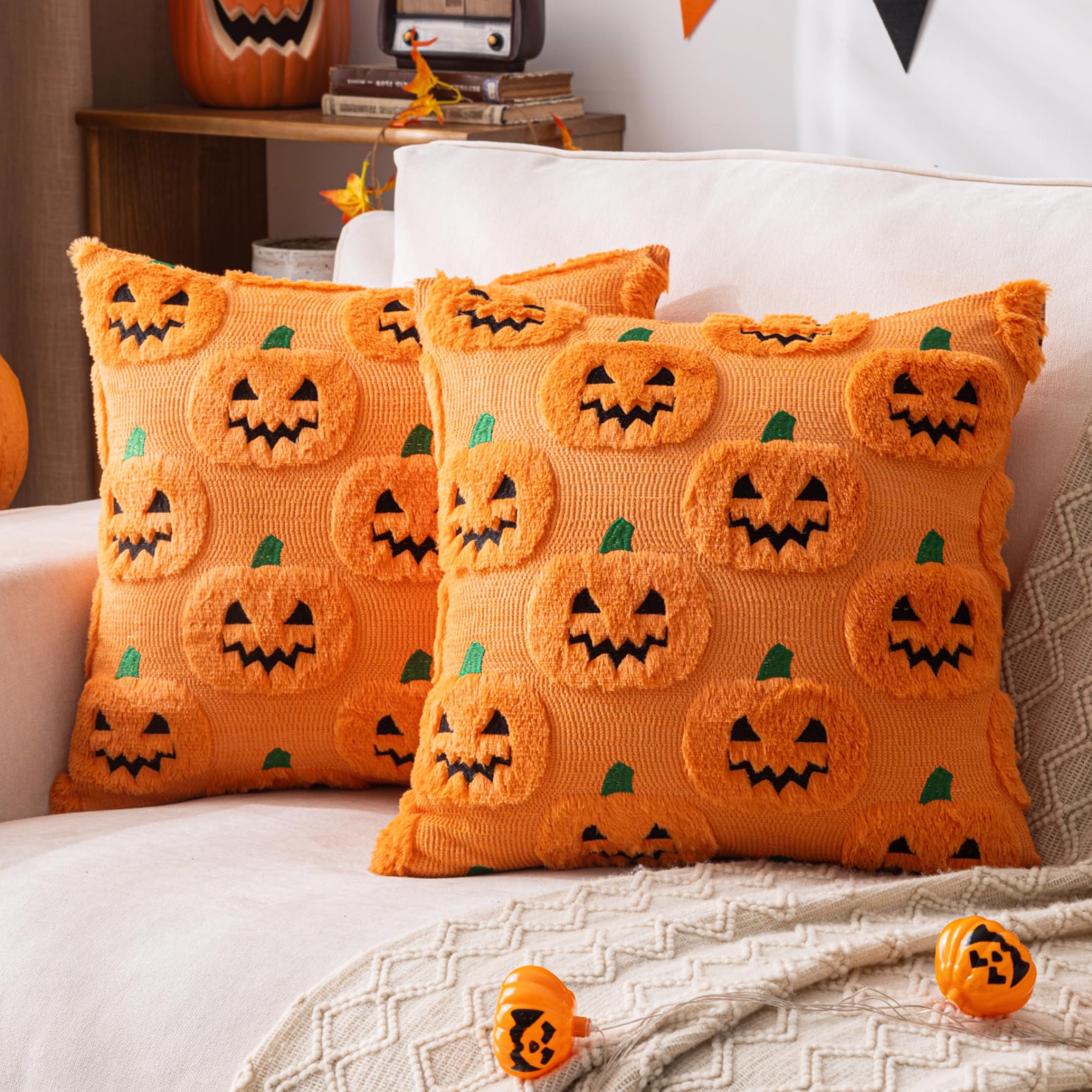 AQOTHES Halloween White Smile Ghost Throw Pillow Covers 18x18 inch Set of 2, Cute Skeleton Pillowcases Holiday Cushions Covers for Halloween Decorations Indoor Home Sofa Couch