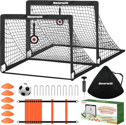 Soccer Goal, Kids Soccer Goals for Backyard Set of 2, 4x3ft Portable Soccer Goal Pop Up Soccer Net, Kids Soccer Net Training Equipment with Soccer Ball, Ladder, Cones, Targets